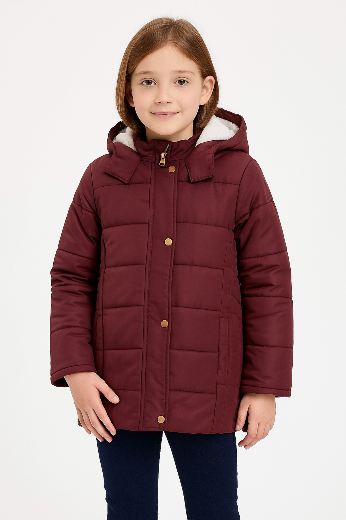  پالتو زمستانی دخترانه کلاه دار، ضد آب، ضد باد و باران، پر شده با الیاف ضخیم، به رنگ زرشکی