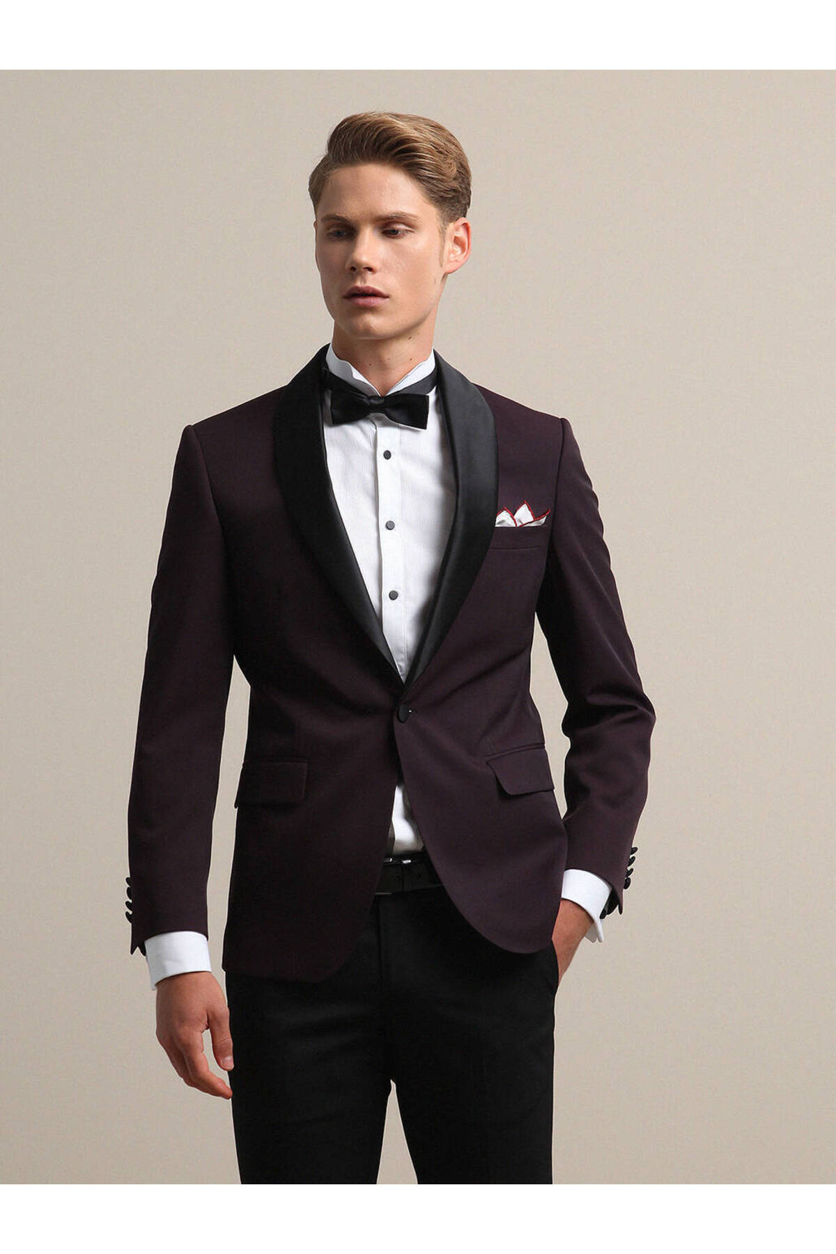 کت و شلوار تاکسیدوی بافتنی باریک زرشکی با یقه شالی قابل جدا شدن Kip