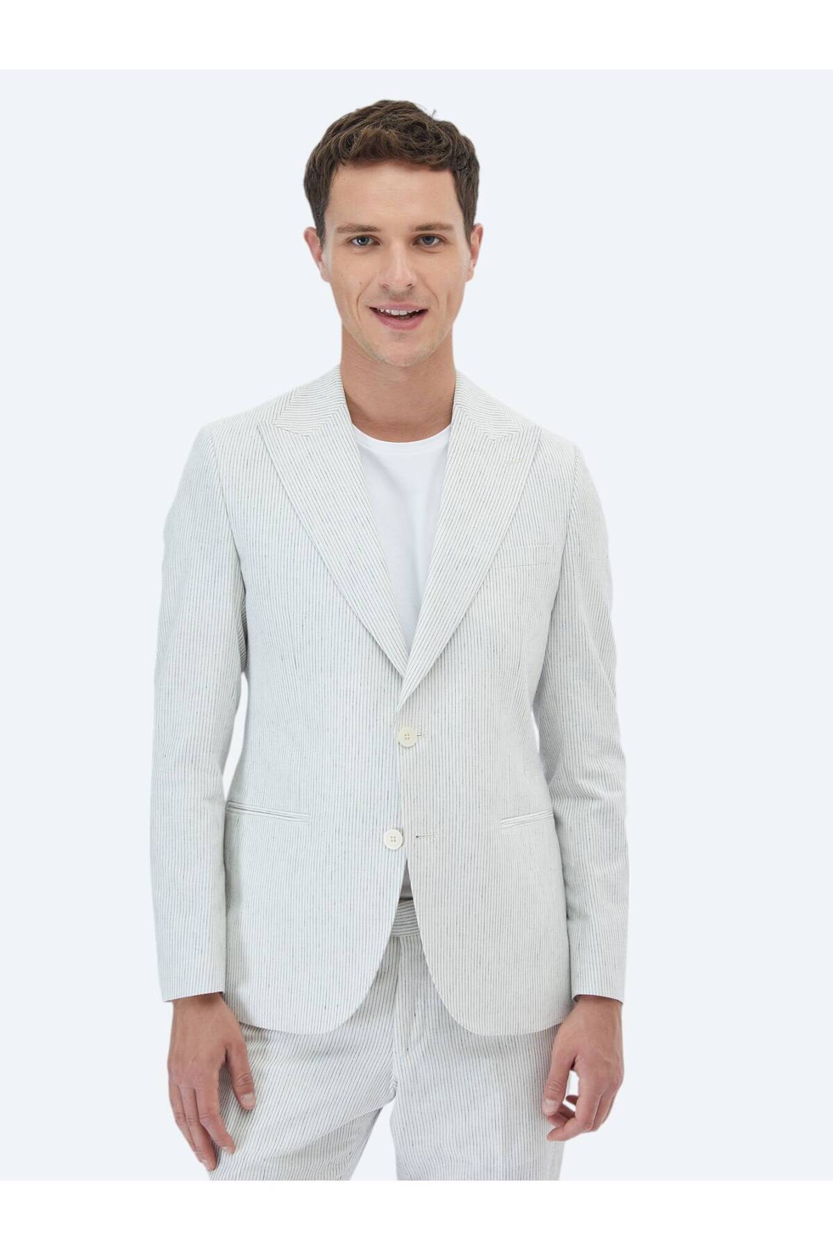 Kip Ekru Çizgili Slim Fit Pamuk Karışımlı Takım Elbise