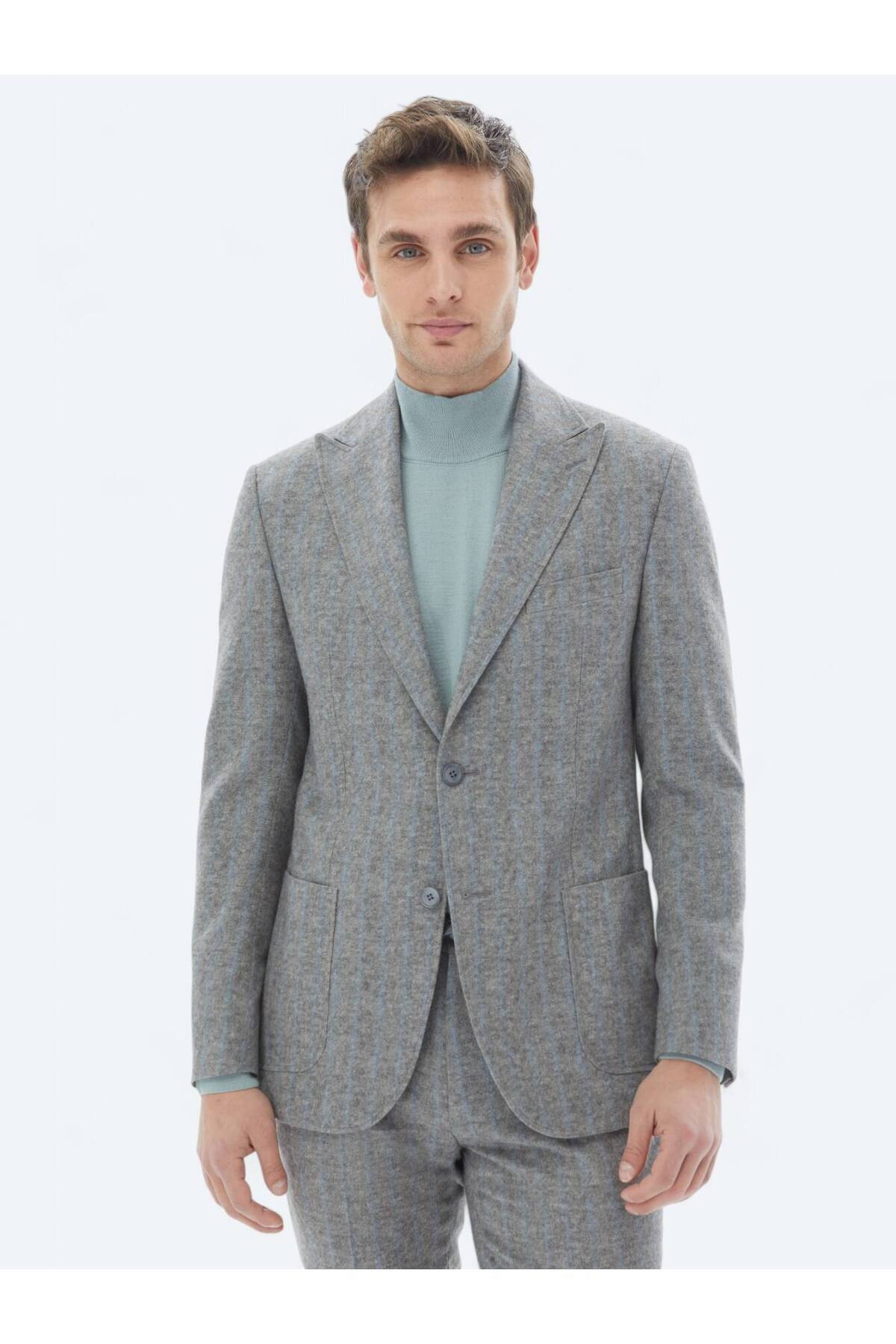 Kip Gri Çizgili Modern Fit Yün Karışımlı Takım Elbise
