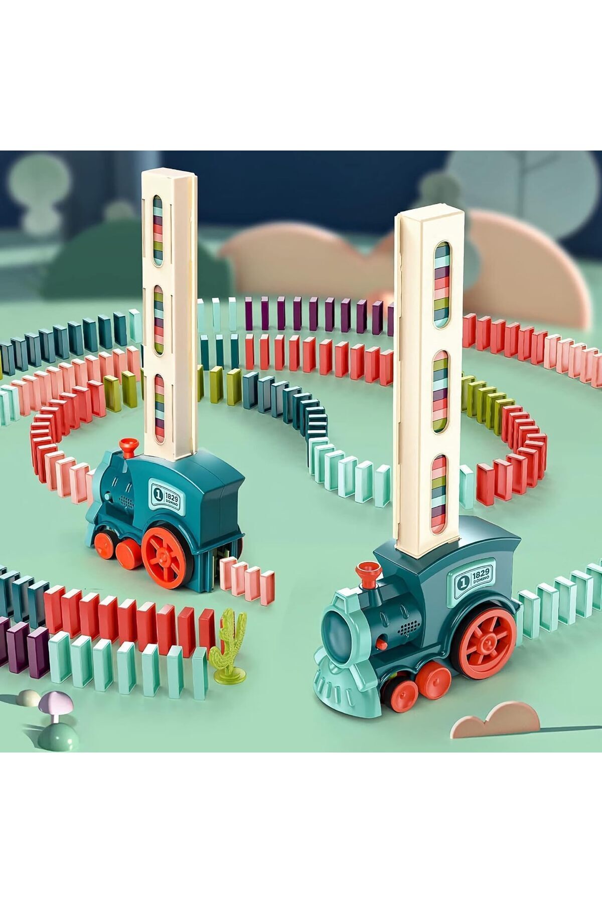 مجموعه قطار دومینو با چراغ‌ها و صداها، ۶۰ بلوک رنگارنگ، اسباب‌بازی آموزشی ساختنی STEM برای سنین مختلف