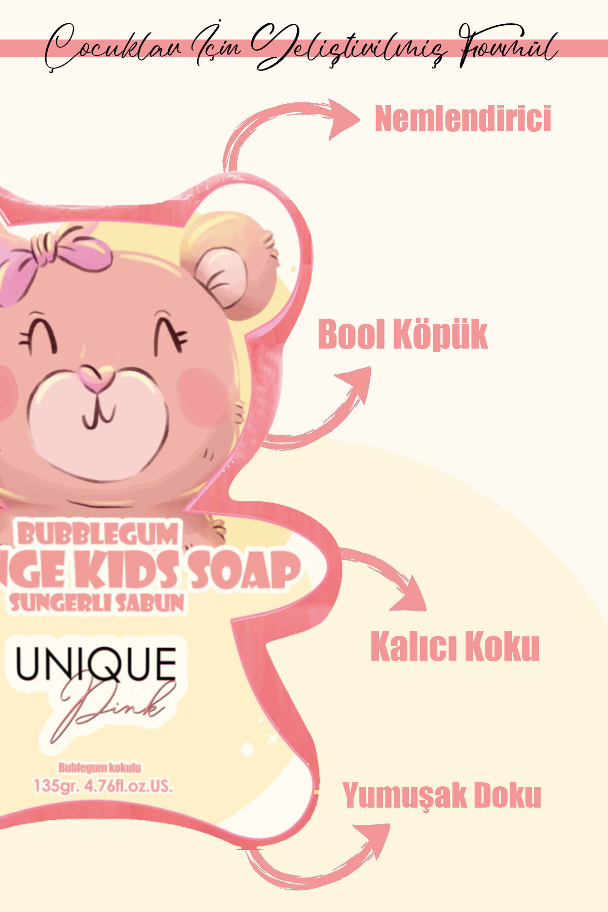 Unique Pink Nemlendirici ve Bubblegum Kokulu Pembe Süngerli Çocuk Sabunu 135gr. fotoğrafı 3 (önizleme)