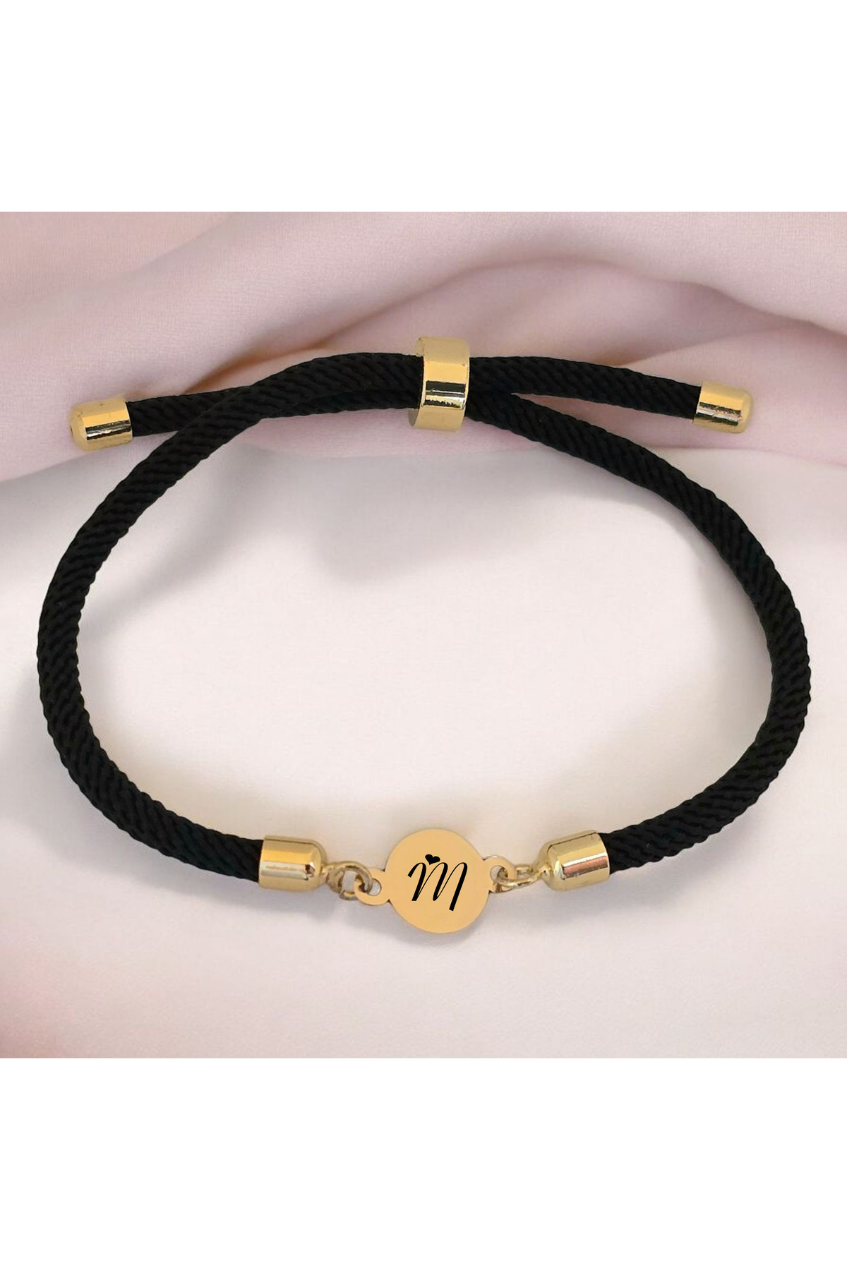 ARCHINO GOLD 14 Ayar Plakalı Altın M Harfine Özel Siyah İpek Örgülü Yuvarlak Motifli Hediye Bileklik-619harf