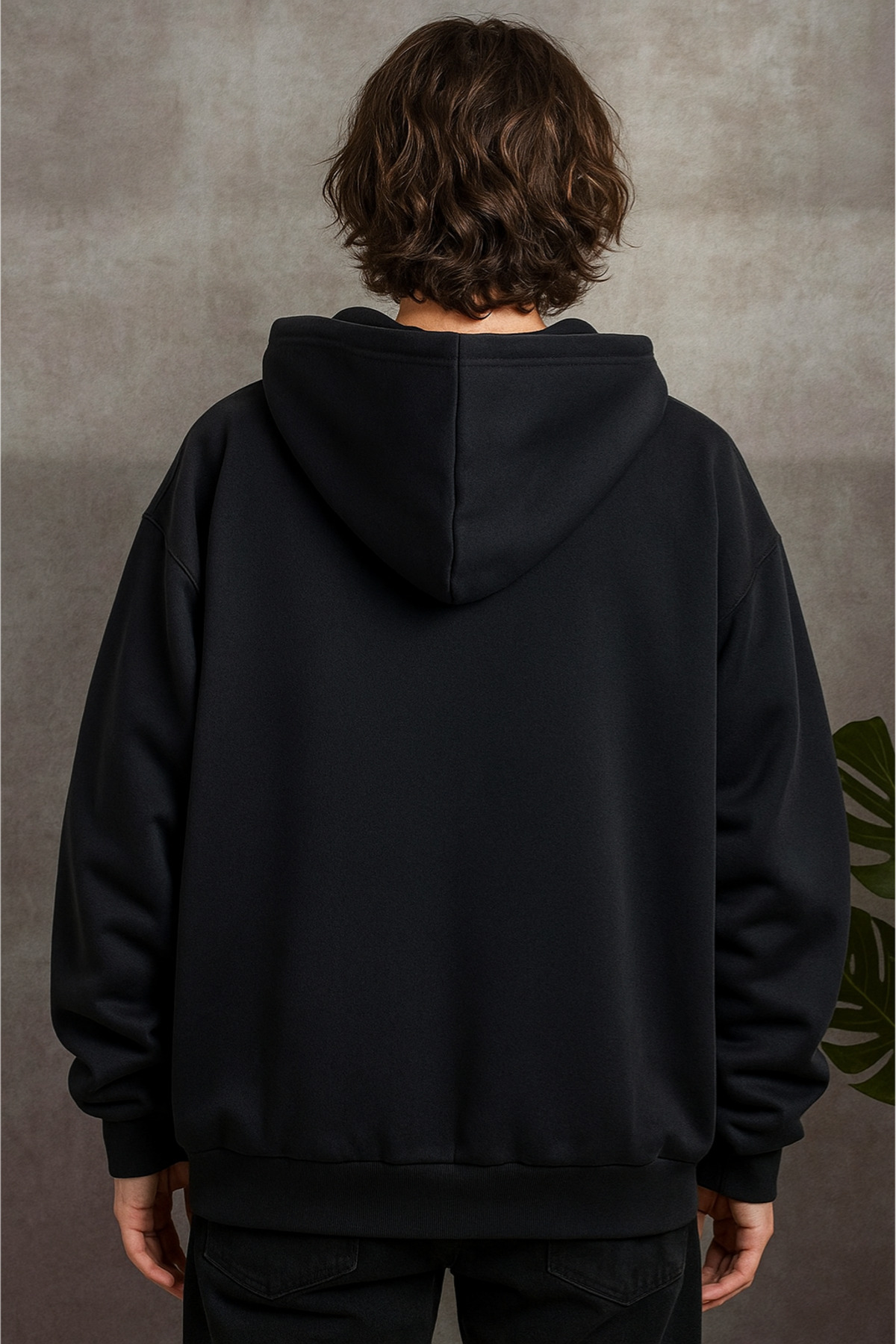 Deep sense  Erkek Siyah Kapüşonlu Fermuarlı Oversize Sweatshirt Kışlık Okul Hırkası Şardonlu Baskılı - Görsel 2
