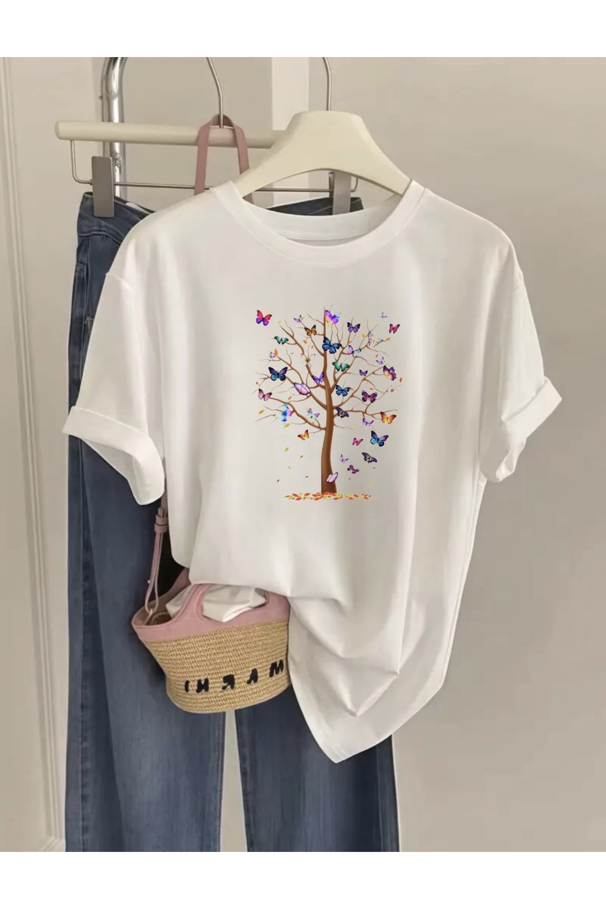 FUFLUNS TRIUC OVERSIZE CU Gâtul Rotund pentru Femei, Imprimat cu Copacul Fluturi