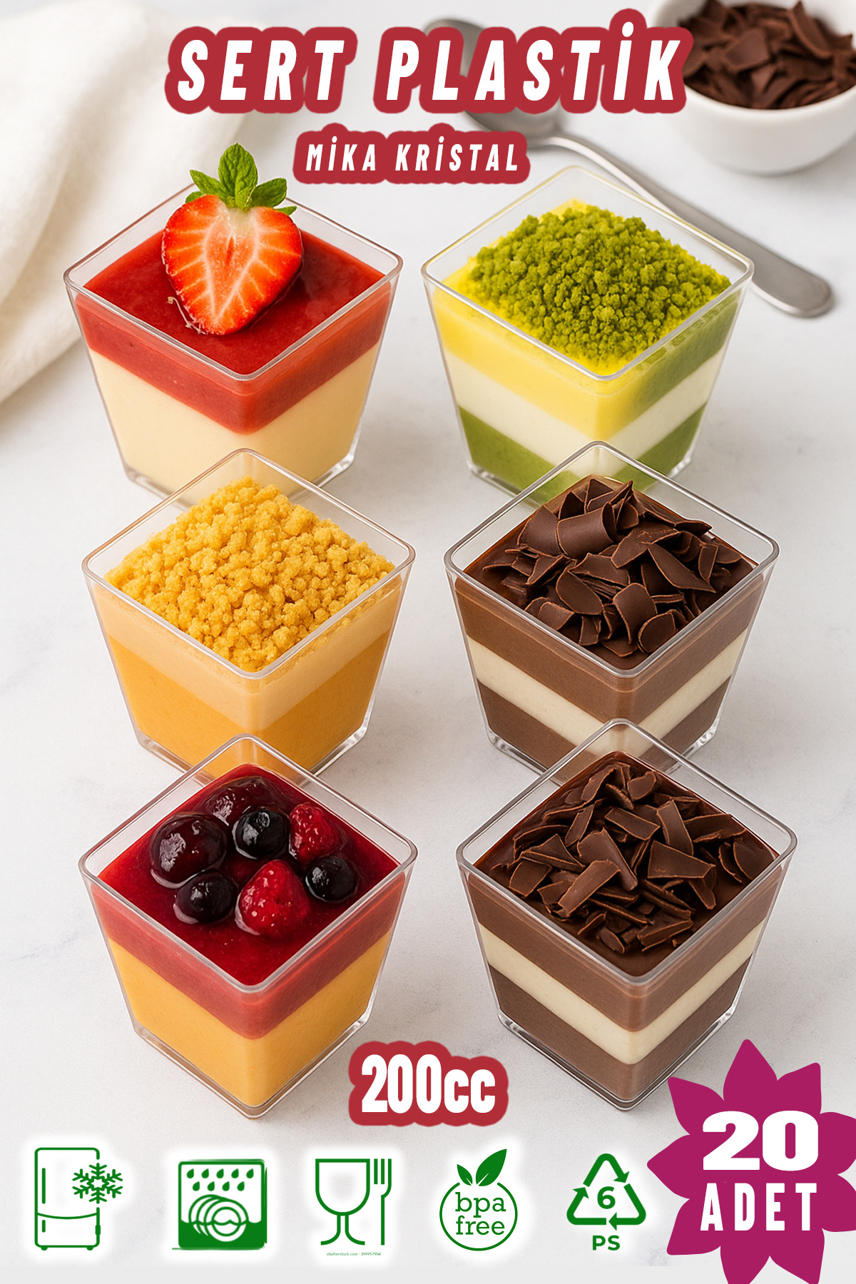 Ezupack 20'li 200Cc Kübik Prizma Mika Magnolya Kase Plastik Tatlı Sunum Kabı Dondurma Puding Meze Salata Cup