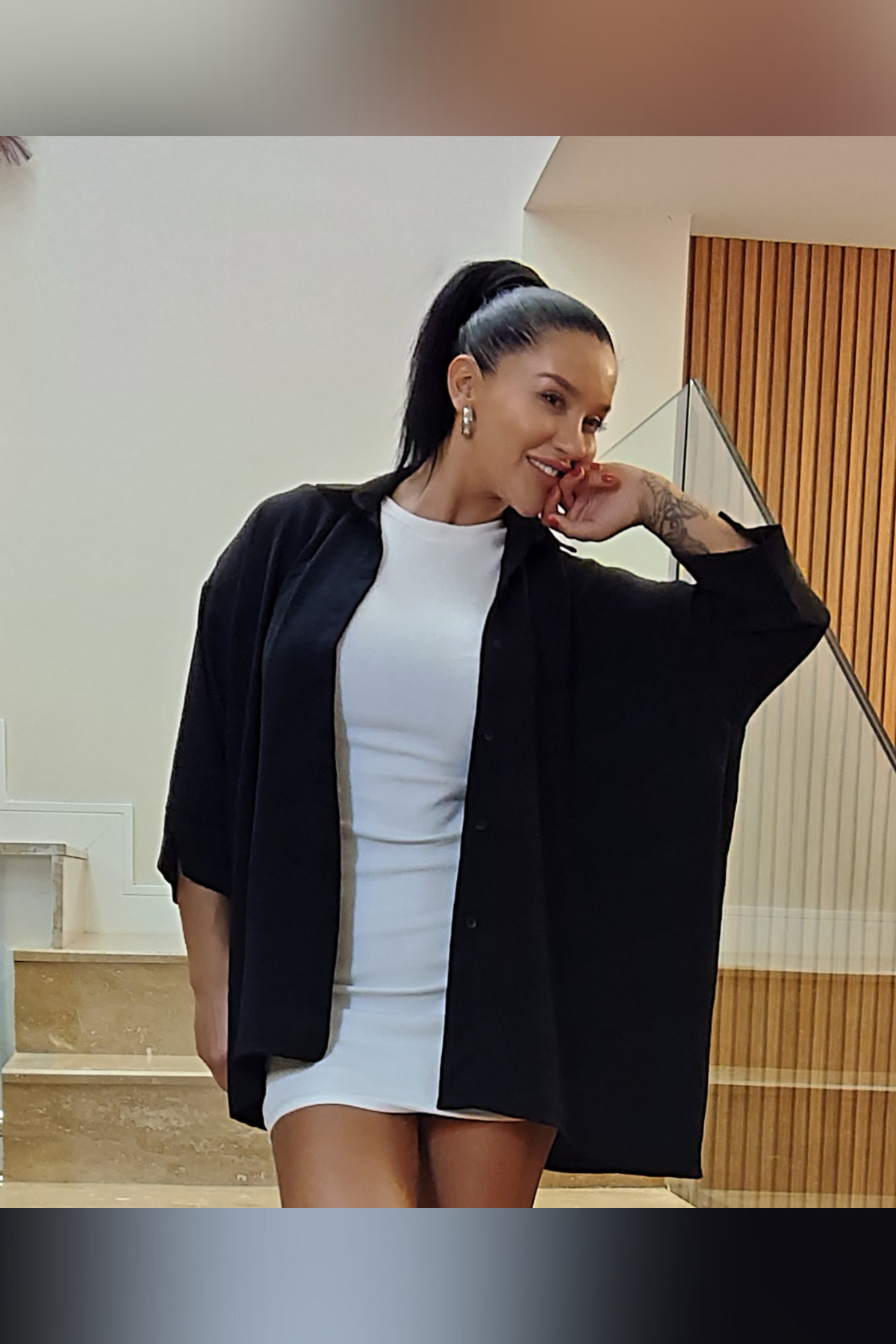 asalya Kadın Siyah Oversize Büyük Beden Aerobin Keten Gömlek