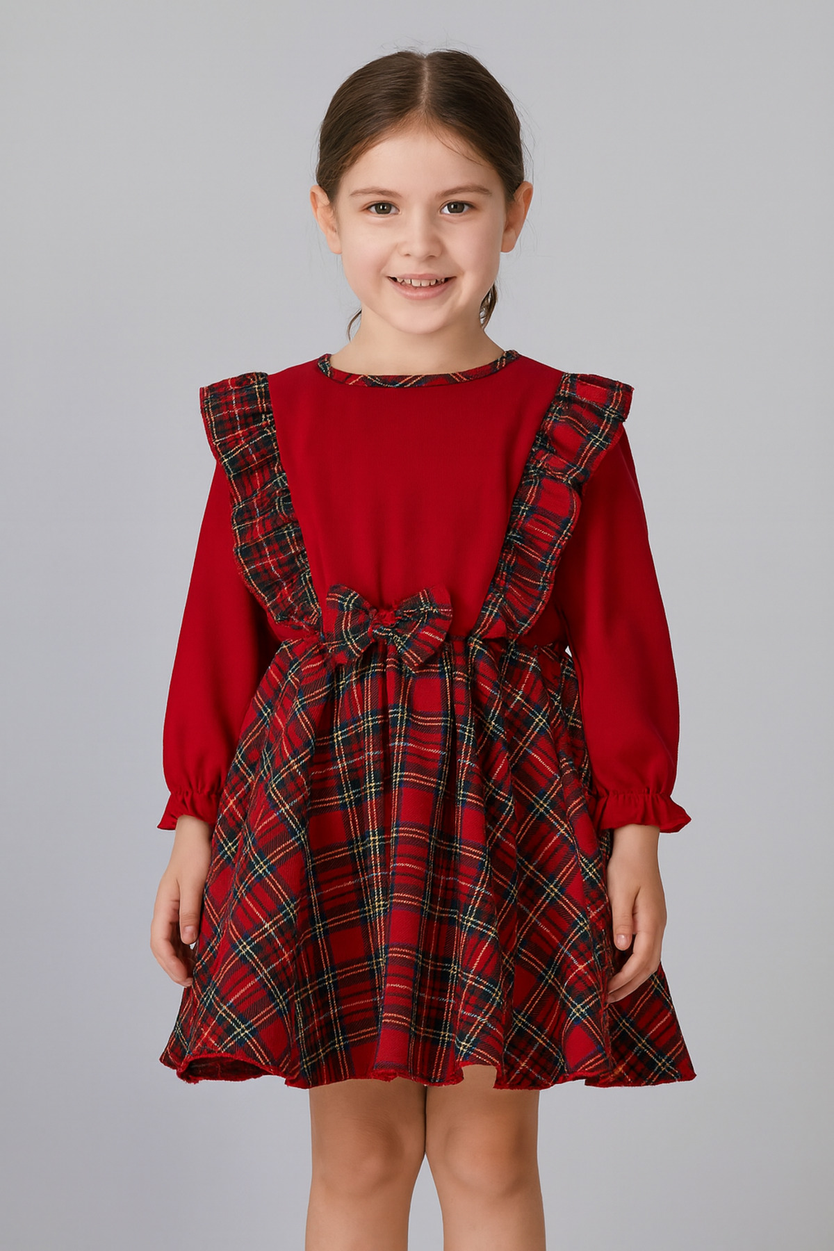 tinytrends Kız Bebek&çocuk Fiyonk Detaylı Kırmızı Elbise Şardonlu fotoğrafı 2 (önizleme)