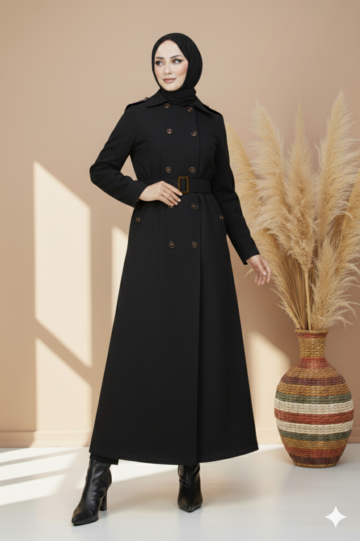 benguen 4901 Kuşaklı Trençkot Siyah