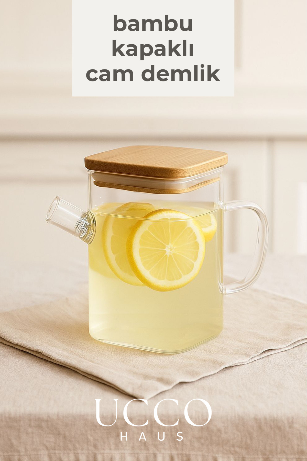 UCCO 1 Litre Bambu Kapaklı Boroslikat Cam Demlik Sürahi | Detox, Limonata, Bitki, Çayı, Yağdanlık Mutfak