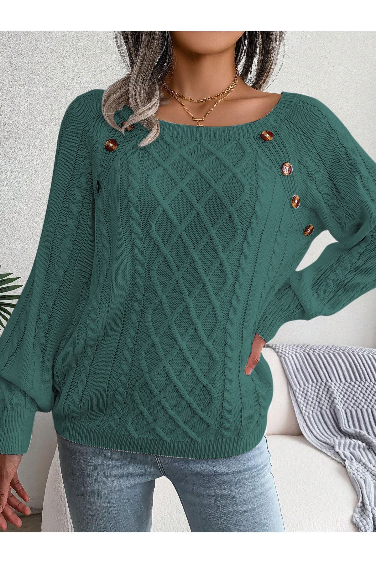 AQE FASHION  Kadın Kayık Yaka Saç Örgü Desenli Düğme Detaylı Mint Triko Kazak - Görsel 2