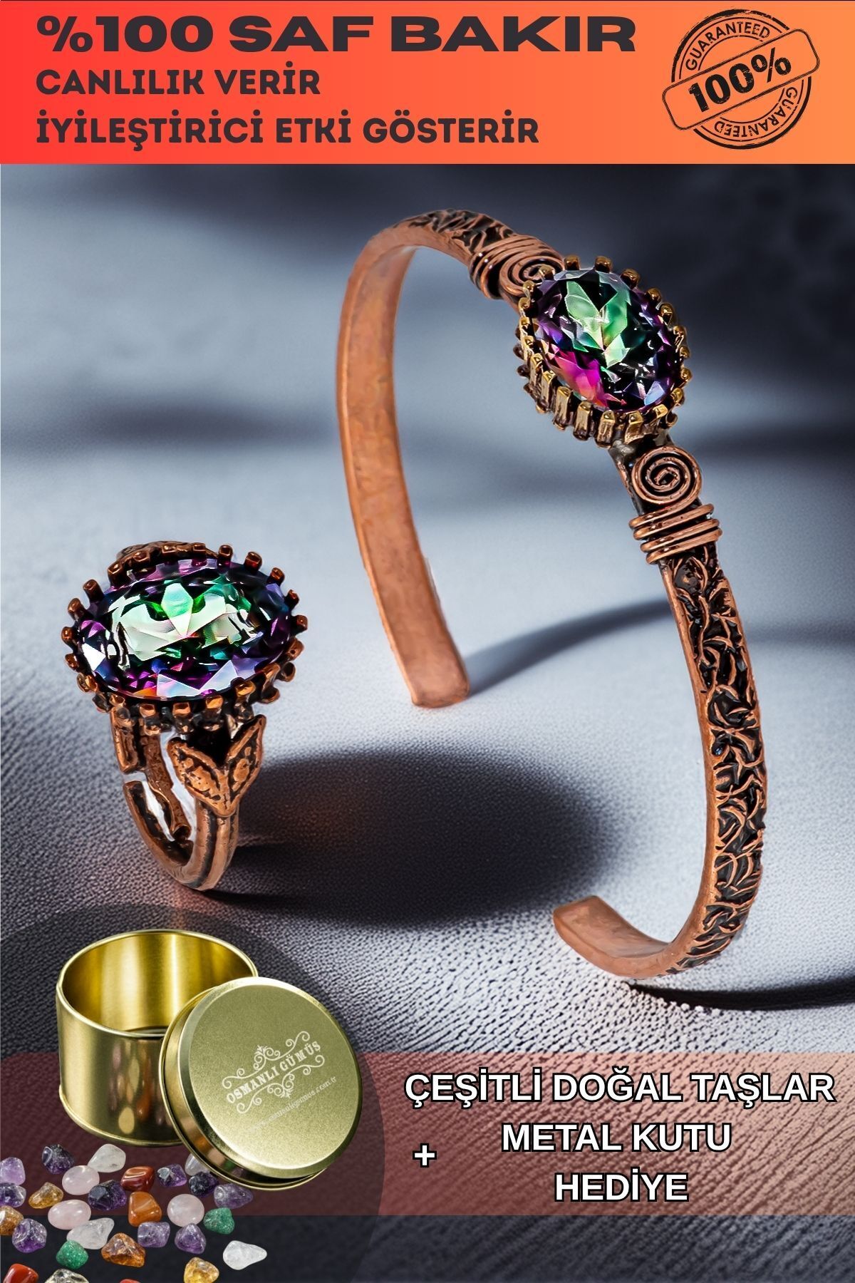 OSMANLI GÜMÜŞ Kadın Bakır Bileklik Yüzük Set - Mistik Topaz Taş Mekik Ağaç Kabuğu Model İnce Metal Kutu Doğal Taş
