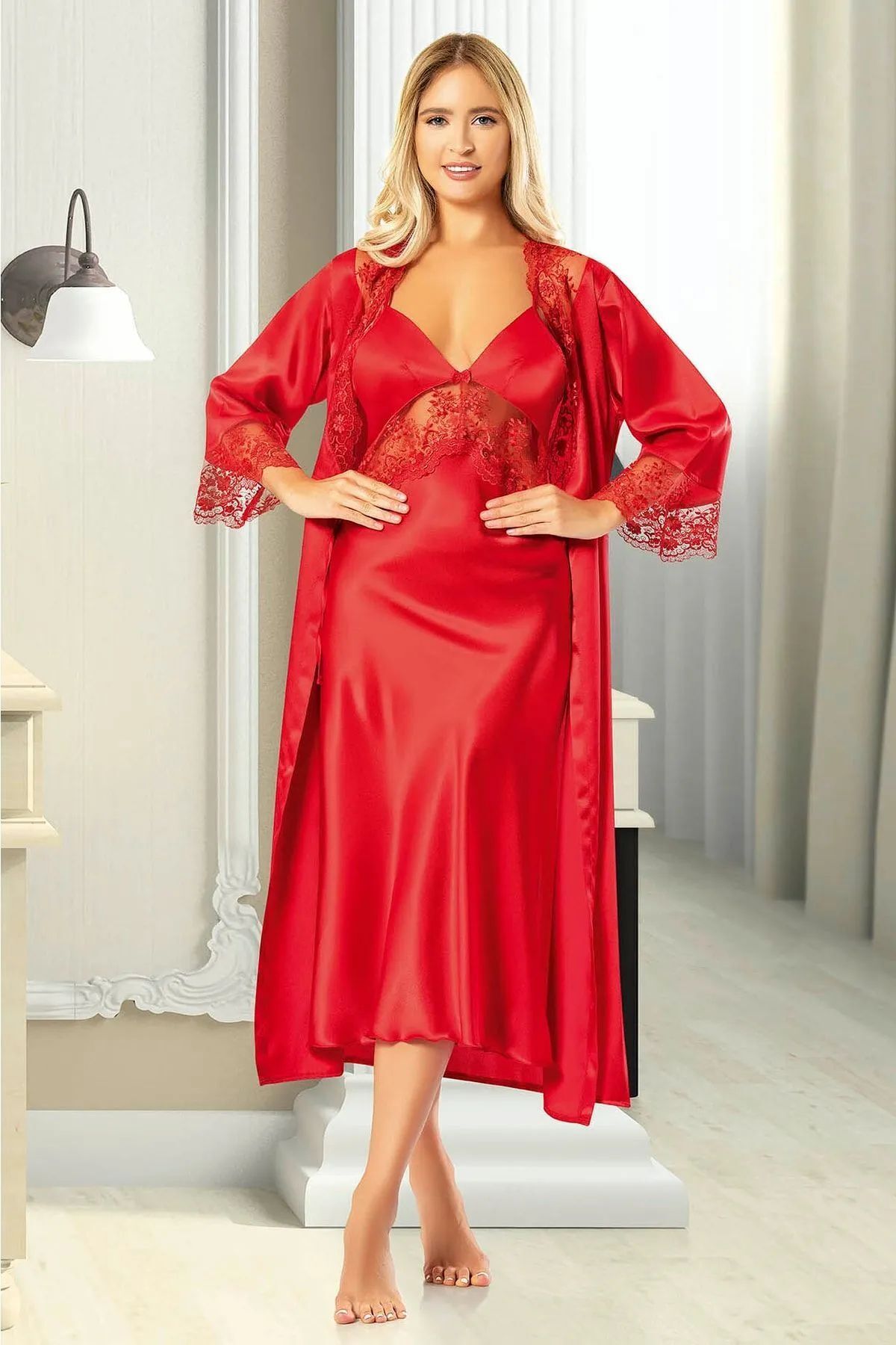 FAAL 2606 Kadın Dantel Detaylı Saten İp Askılı Uzun Gecelik Sabahlık Takım-Kırmızı