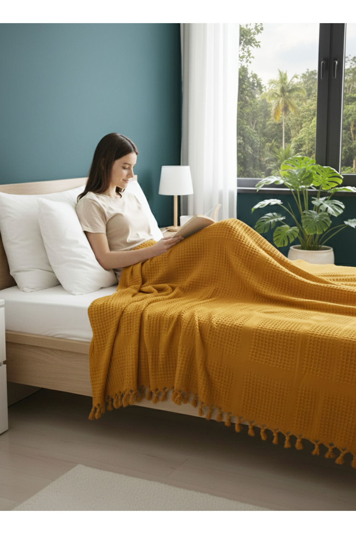 100% Cotton Double Quilting , Fringed Bedspread Square Waffle Pattern 220x240