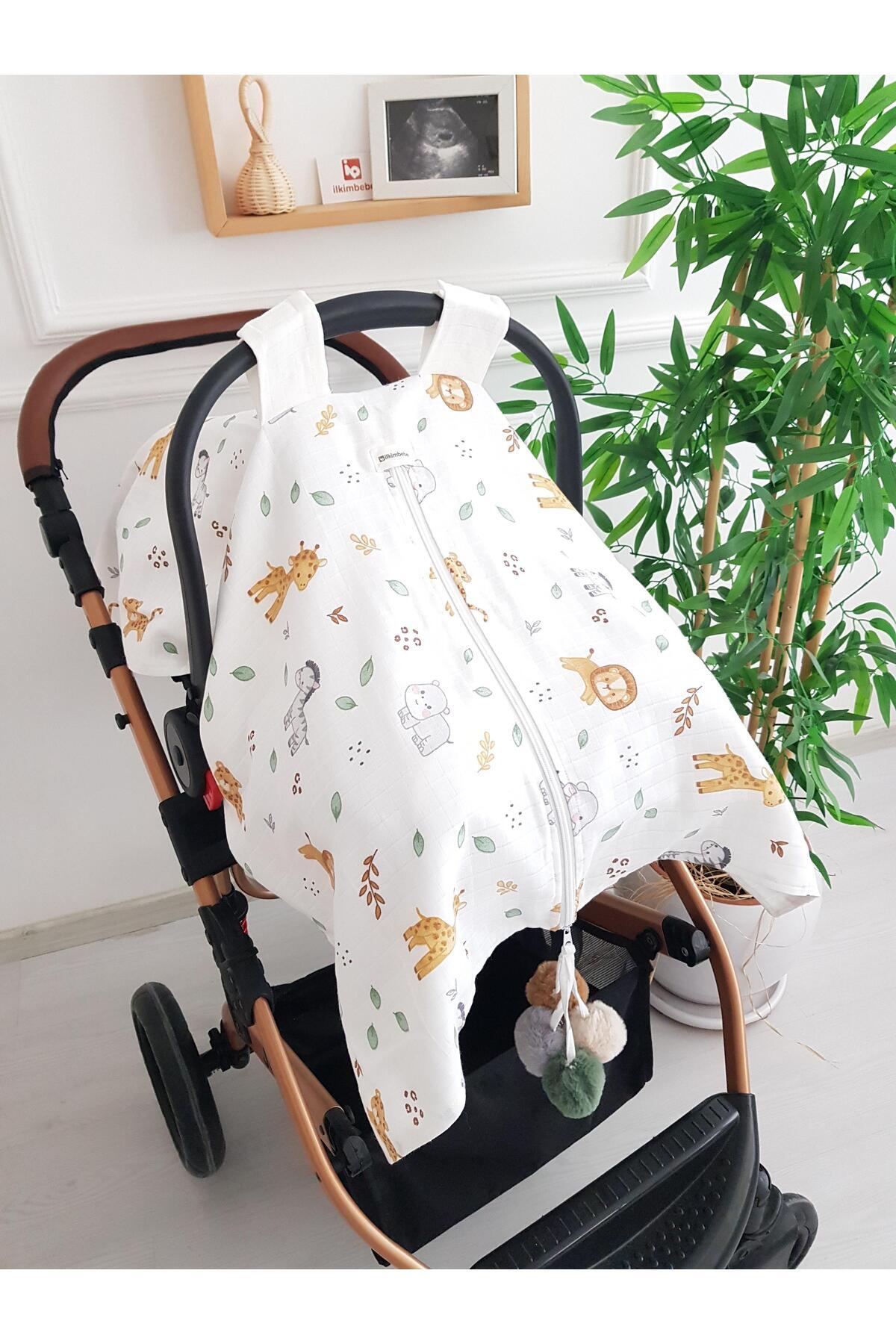 ib ilkimbebe Safari Hayvanlar Büyük Ponponlu Çift Taraflı Fermuarlı Bebek Puset Örtüsü ve Puset Minderi fotoğrafı 4 (önizleme)