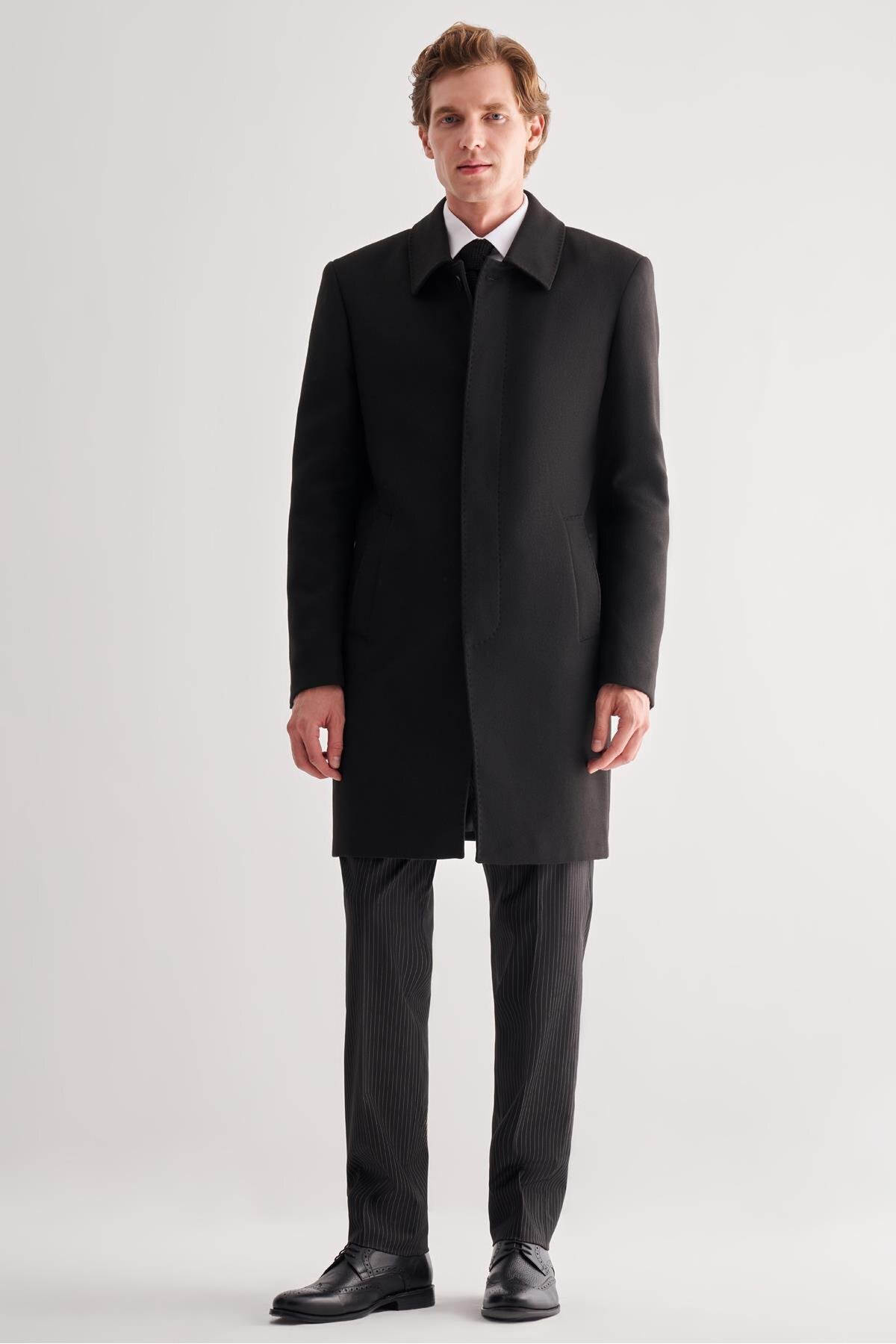 İmza  Siyah Berberi Yaka Tam Astar Classic Comfort Fit Esnek Kaşe Palto 1005255152 - Görsel 3