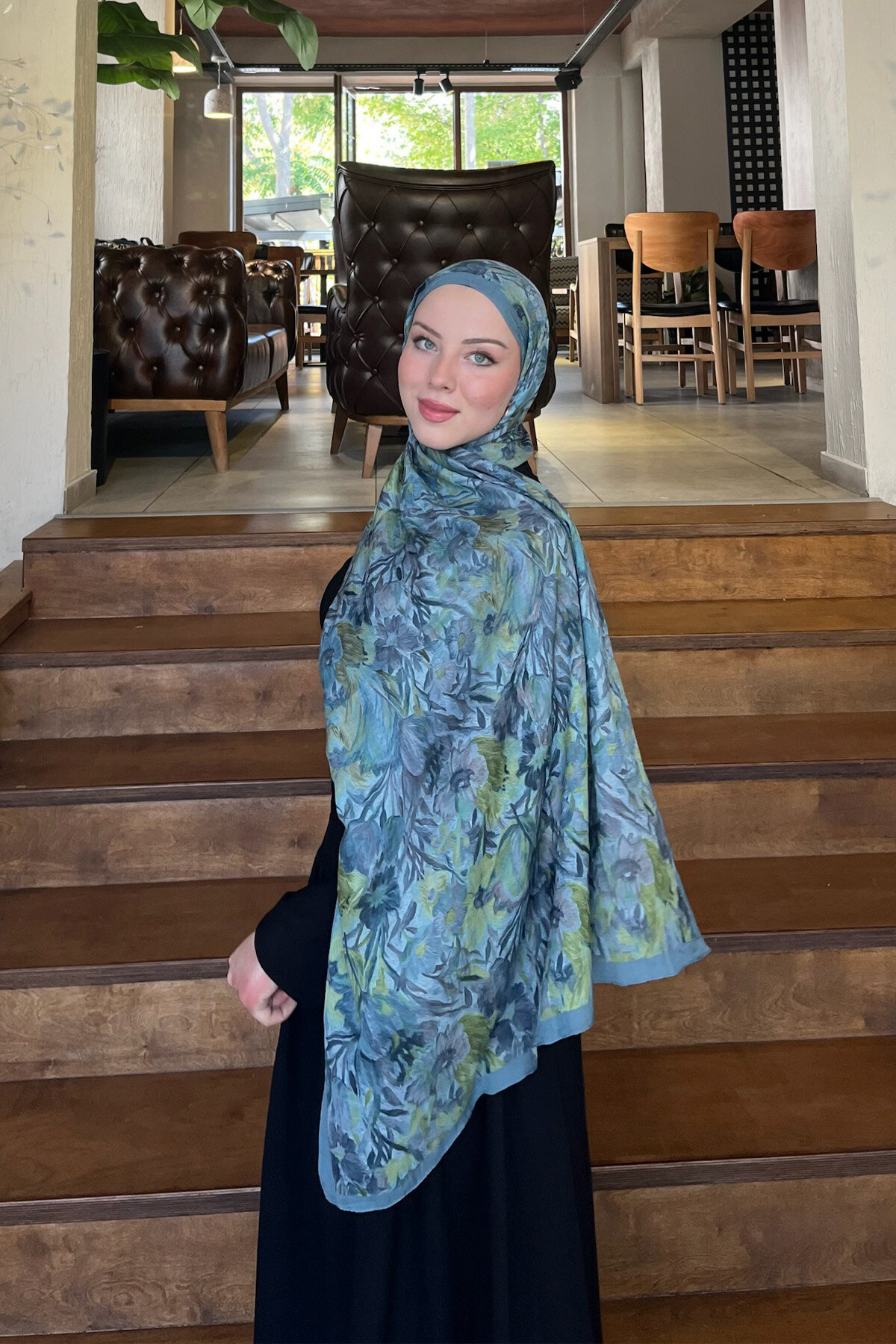 cs camellia scarf Paradise Kraş Şal - Yeşil Mavi görsel 3