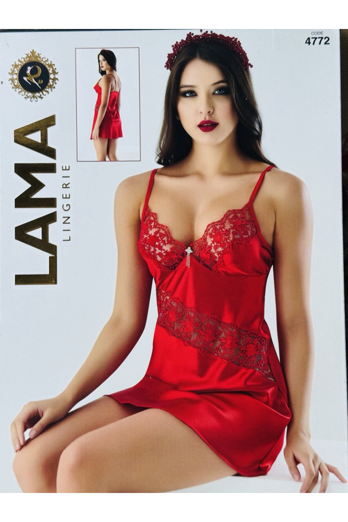 Lama Lingerie kadın kısa güpürlü saten gecelik