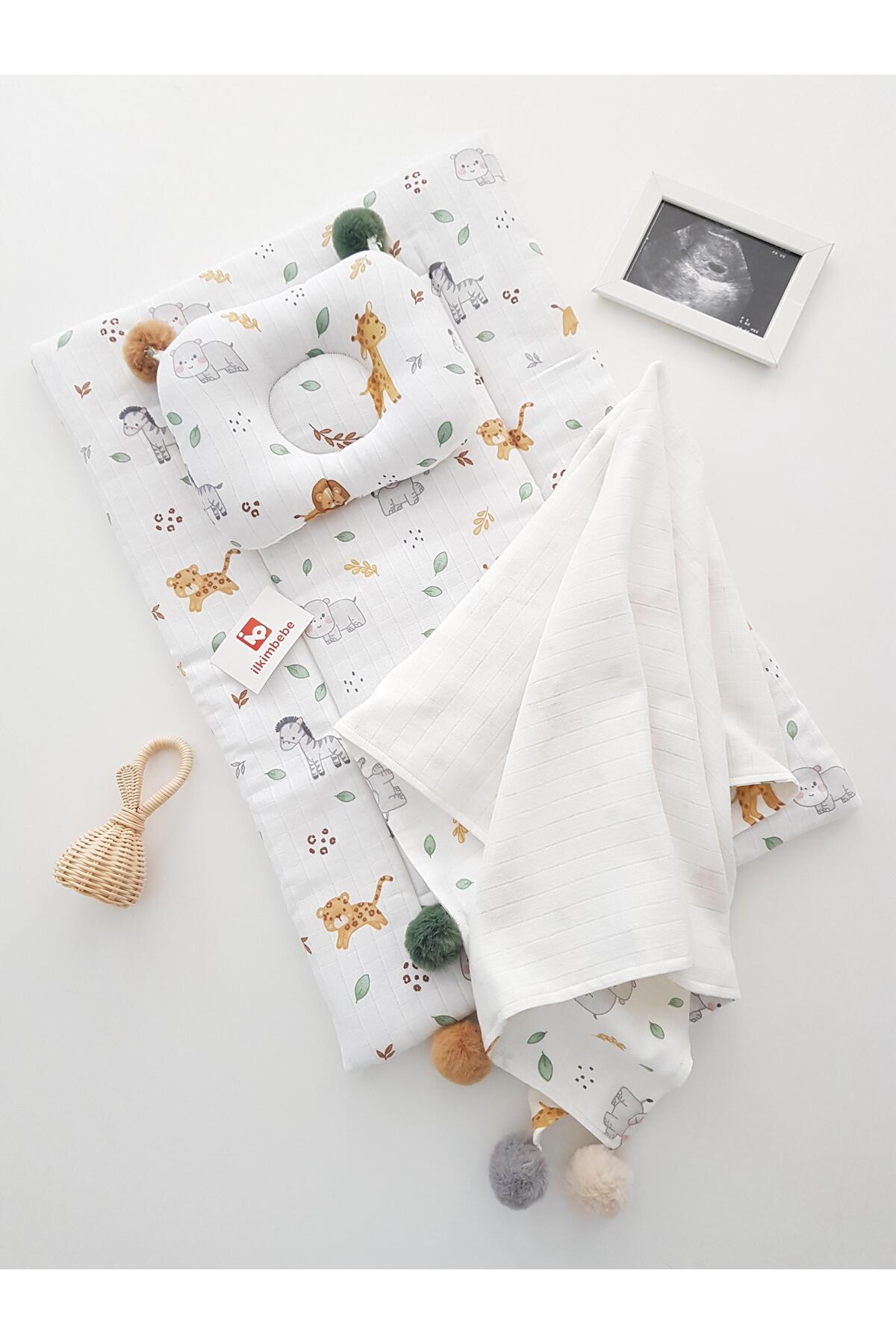 Bottom Opening Set Safari Animals Big Pompom Baby Blanket 3pcs, Muslin, Crib