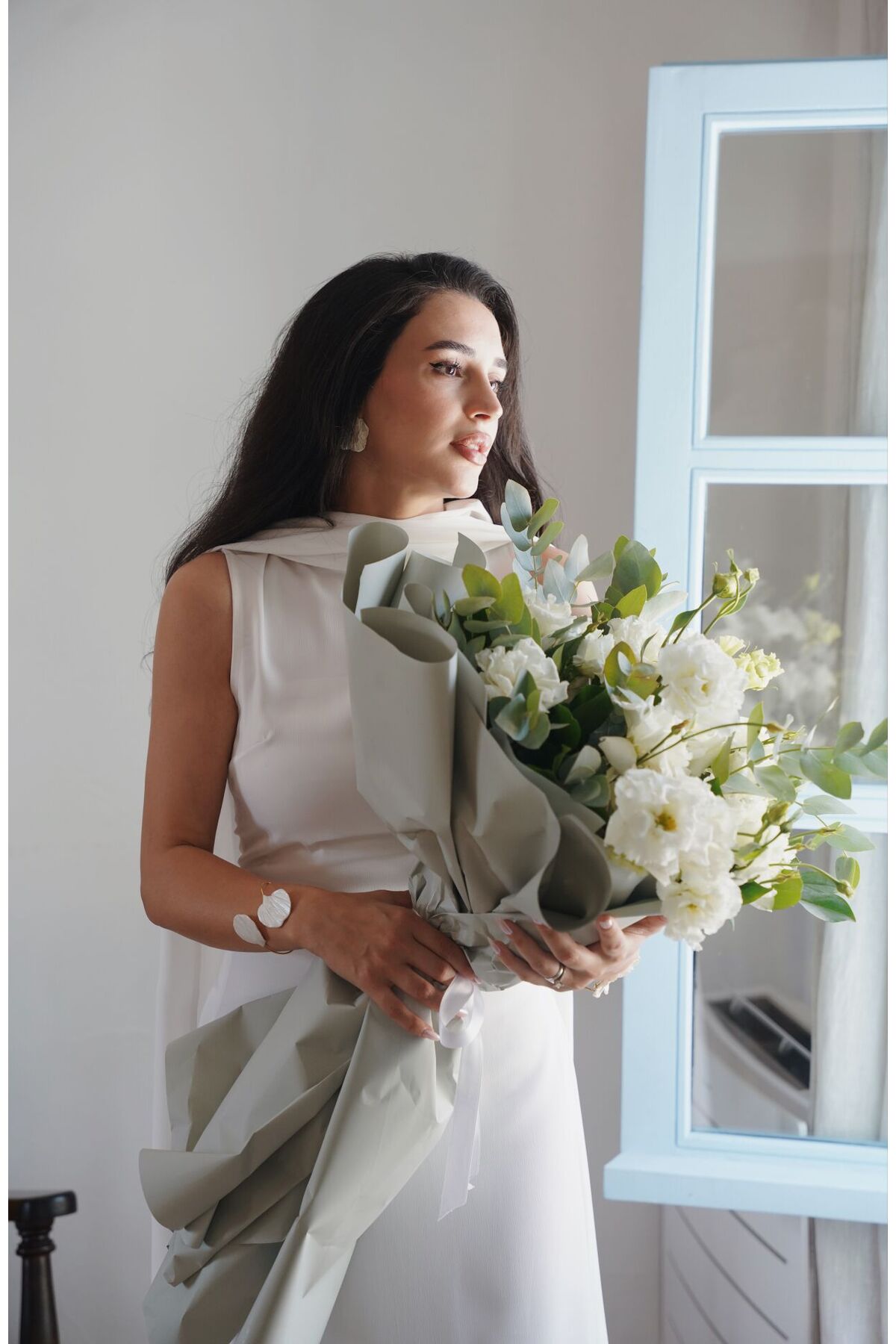 Tavie  İki kuşaklı kolsuz elbise-Beyaz - Görsel 3