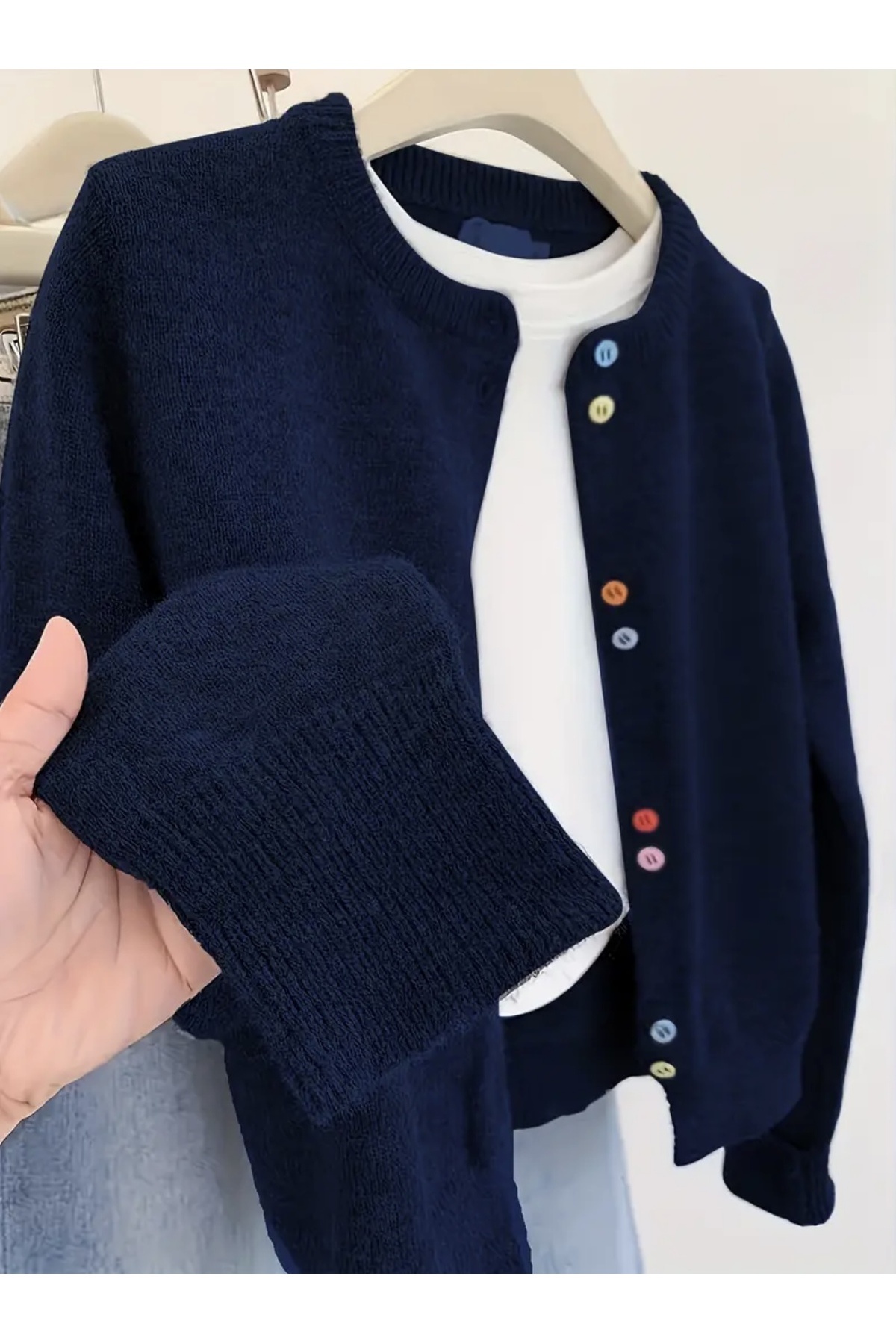 NATUFIAN STORE  Kadın Lacivert Renkli Düğmeli Basic Triko Hırka - Görsel 2