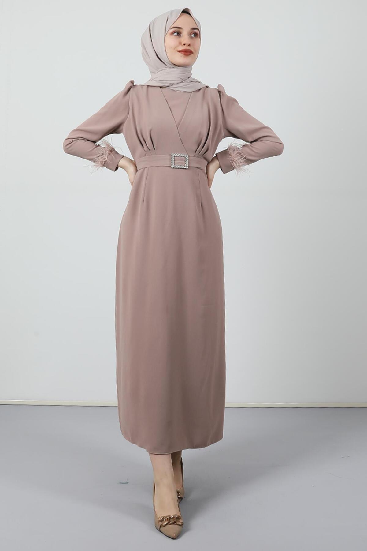 Feather Detail Modest Dress Powder