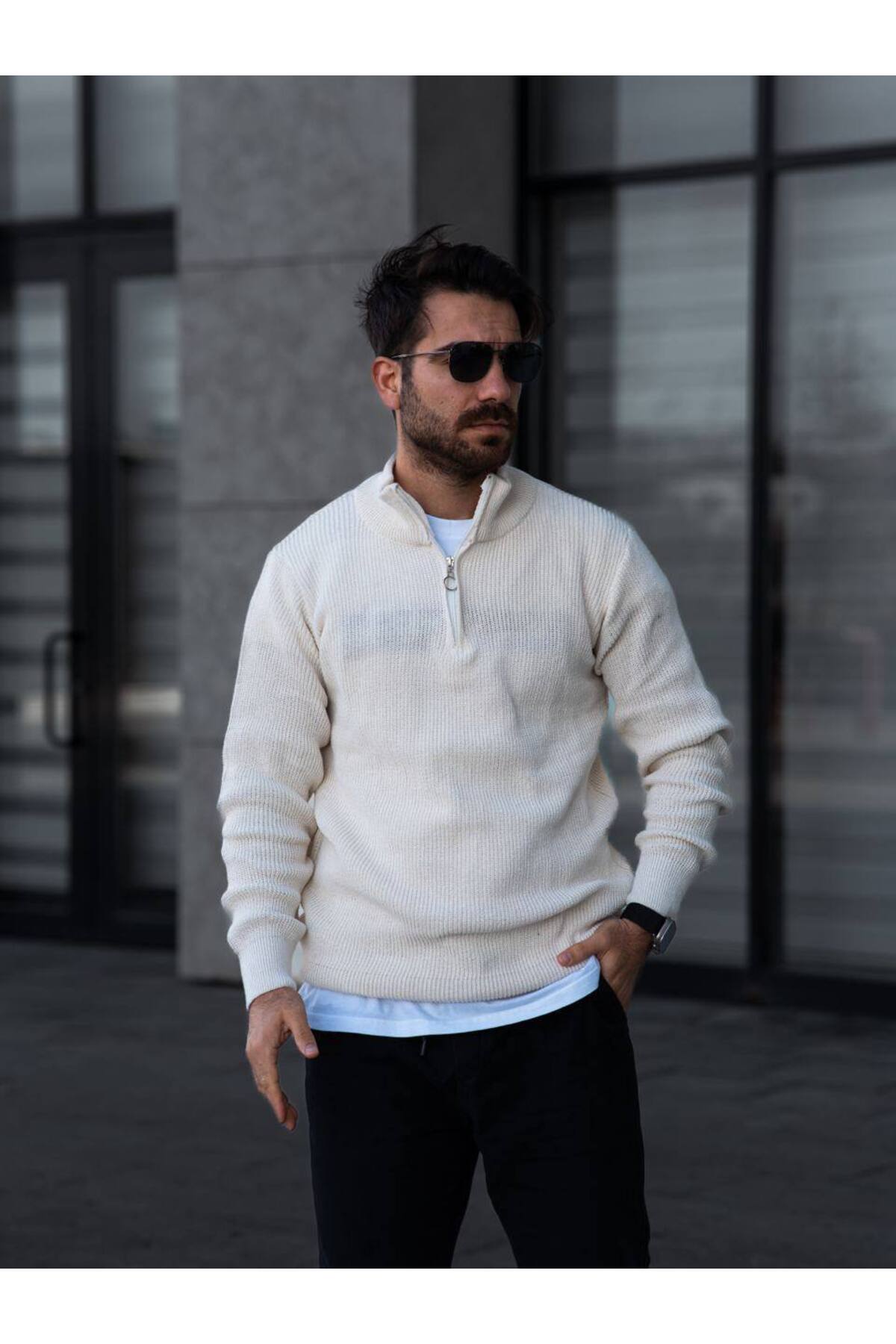 Fermuarlı Triko Kazak — کرم FTK-01 — تصویر 2 از 4