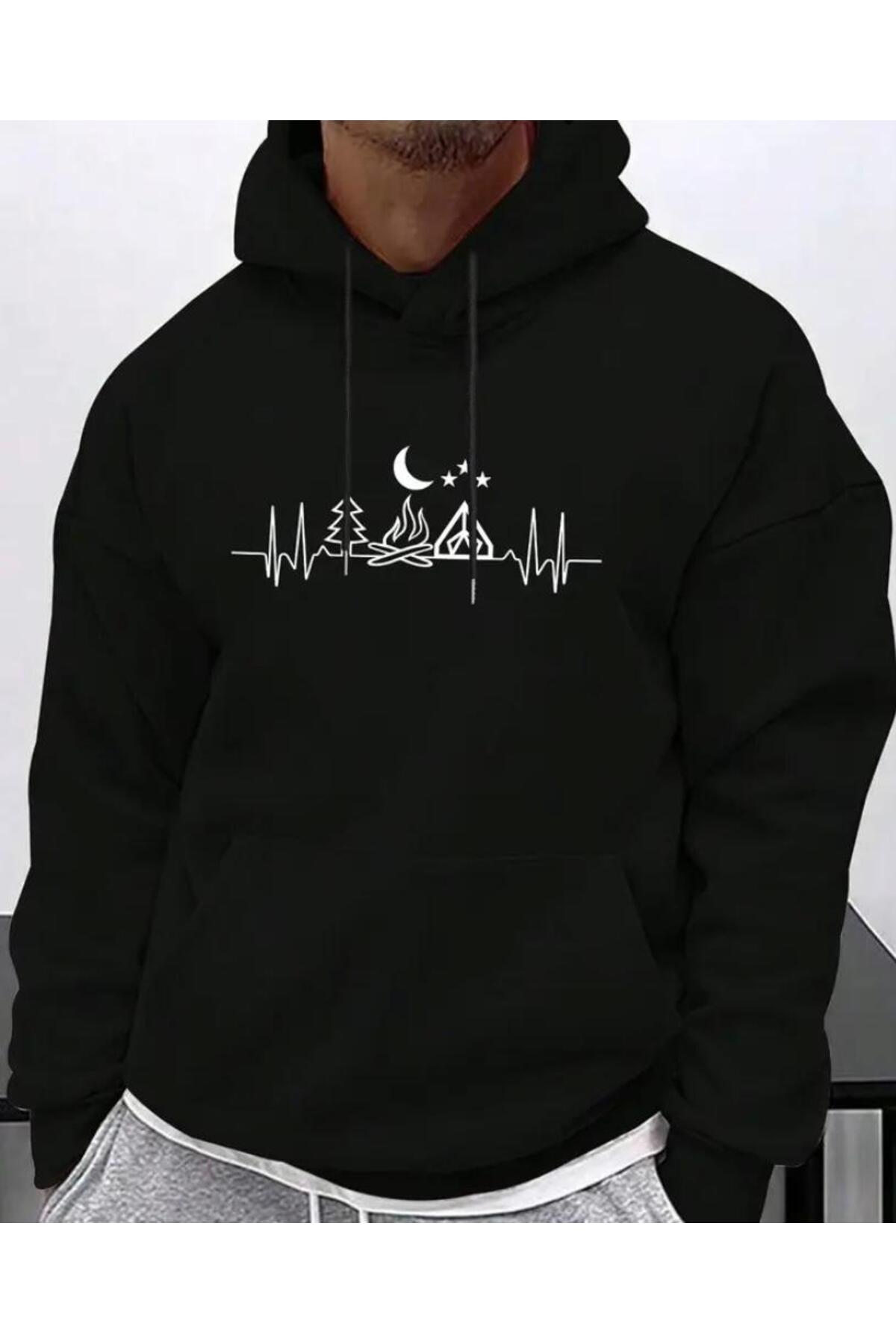 herkesemoda Printed Detailed Hooded Sweatshirt with Fleece Inside