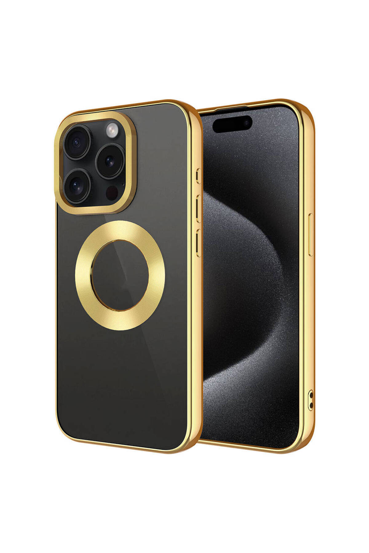 iPhone 15 Pro Max Uyumlu Tek Kamera Çerçeveli Logo Gösteren NXXA Omega Kılıf-Gold