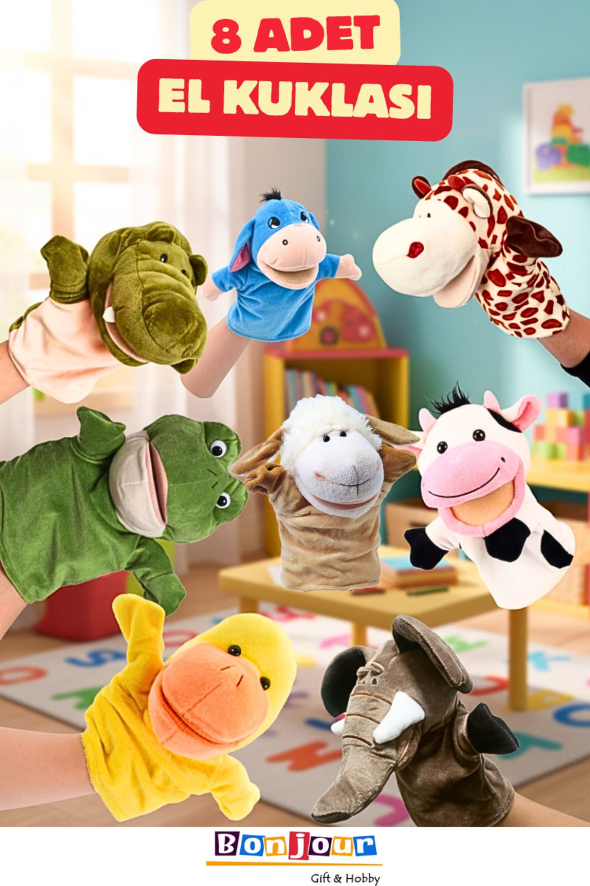 Bonjour Gift & Hobby 8 Adet Hayvan Karakterli Eğitici ve Eğlenceli Peluş Kukla Seti Ağzı Hareket Eden El Kuklası