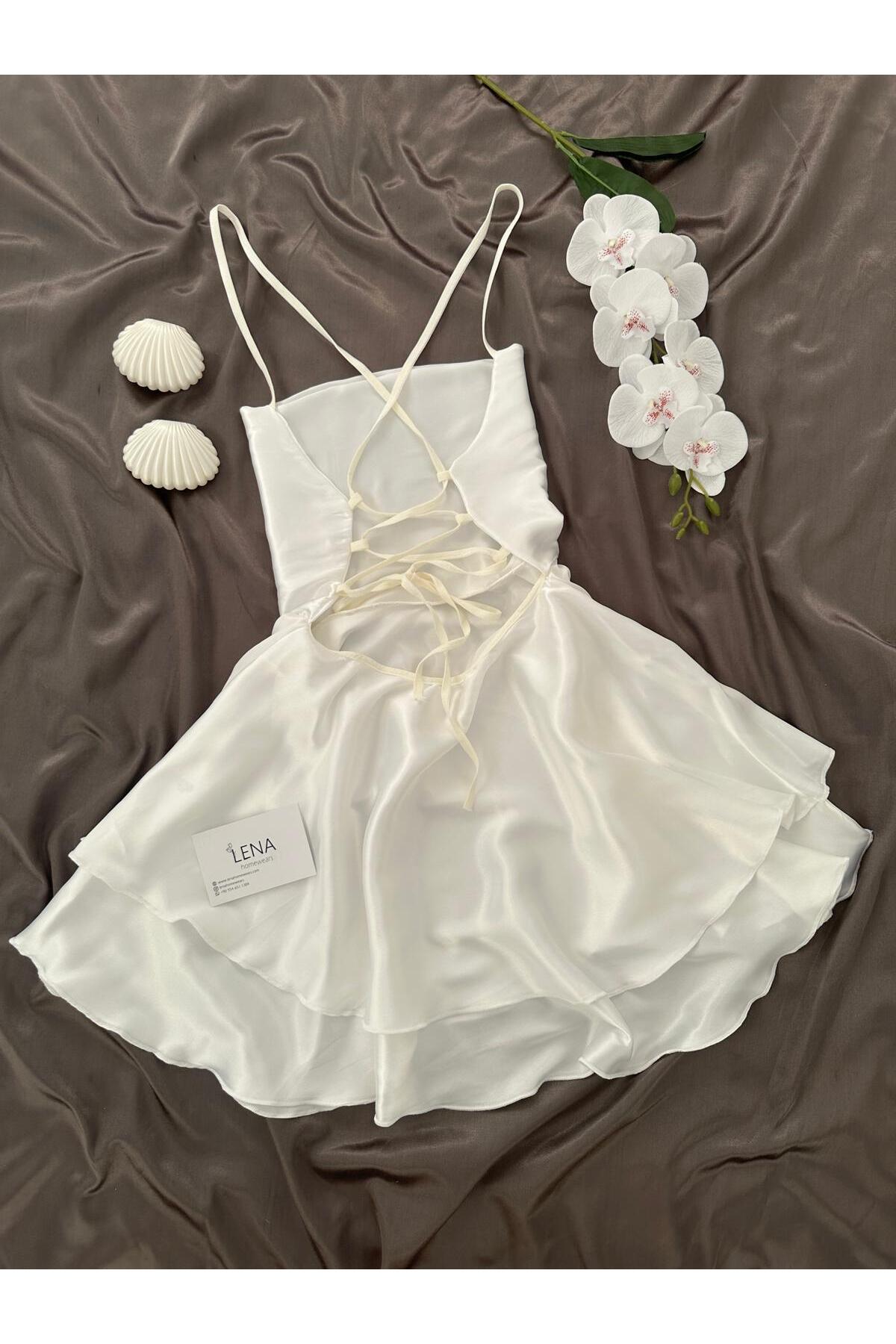 Lena Homewears Kadın Vola İki Katlı Saten Bağlama Detaylı Gecelik