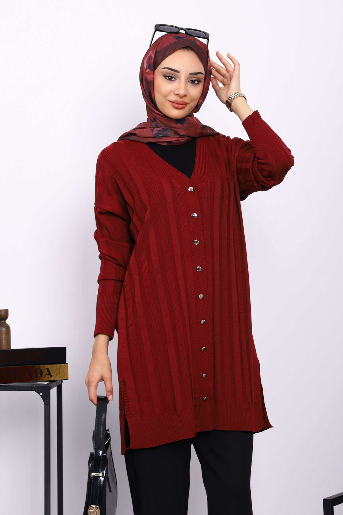 İmajButik Bordo Soğuk İplik Düğmeli Triko Hırka