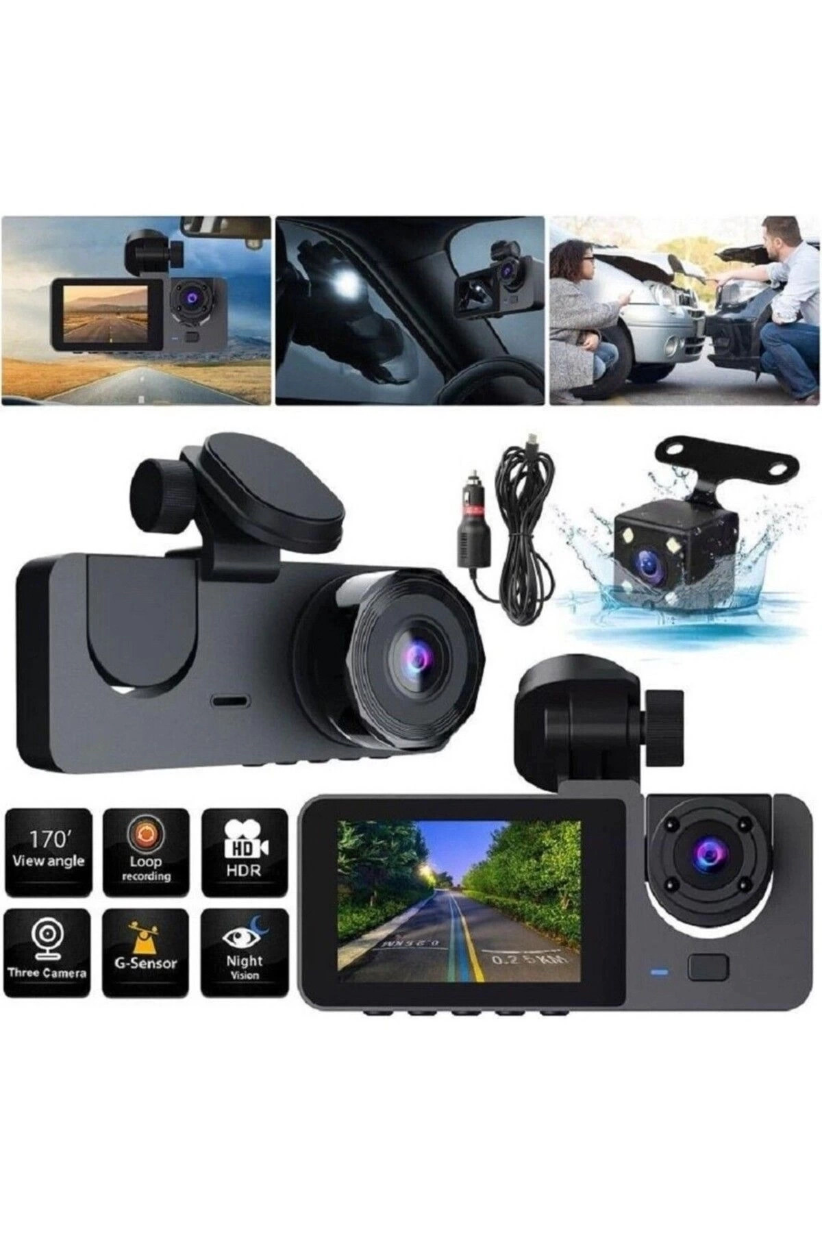 FrereConception BUĞZ Üç Kameralı Ön Iç Arka Araç Içi Kamera Wifi Viidure App Mpıa CC38 64GB