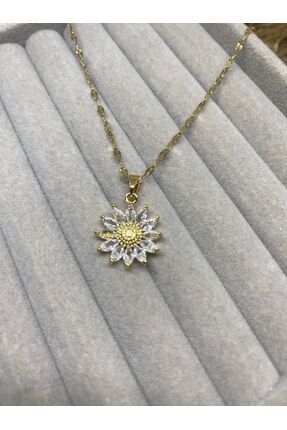 Kaan Accessoire Kadın Ayçiçeği Kolye Zirkon Taşlı Zarif Hediyelik Takı