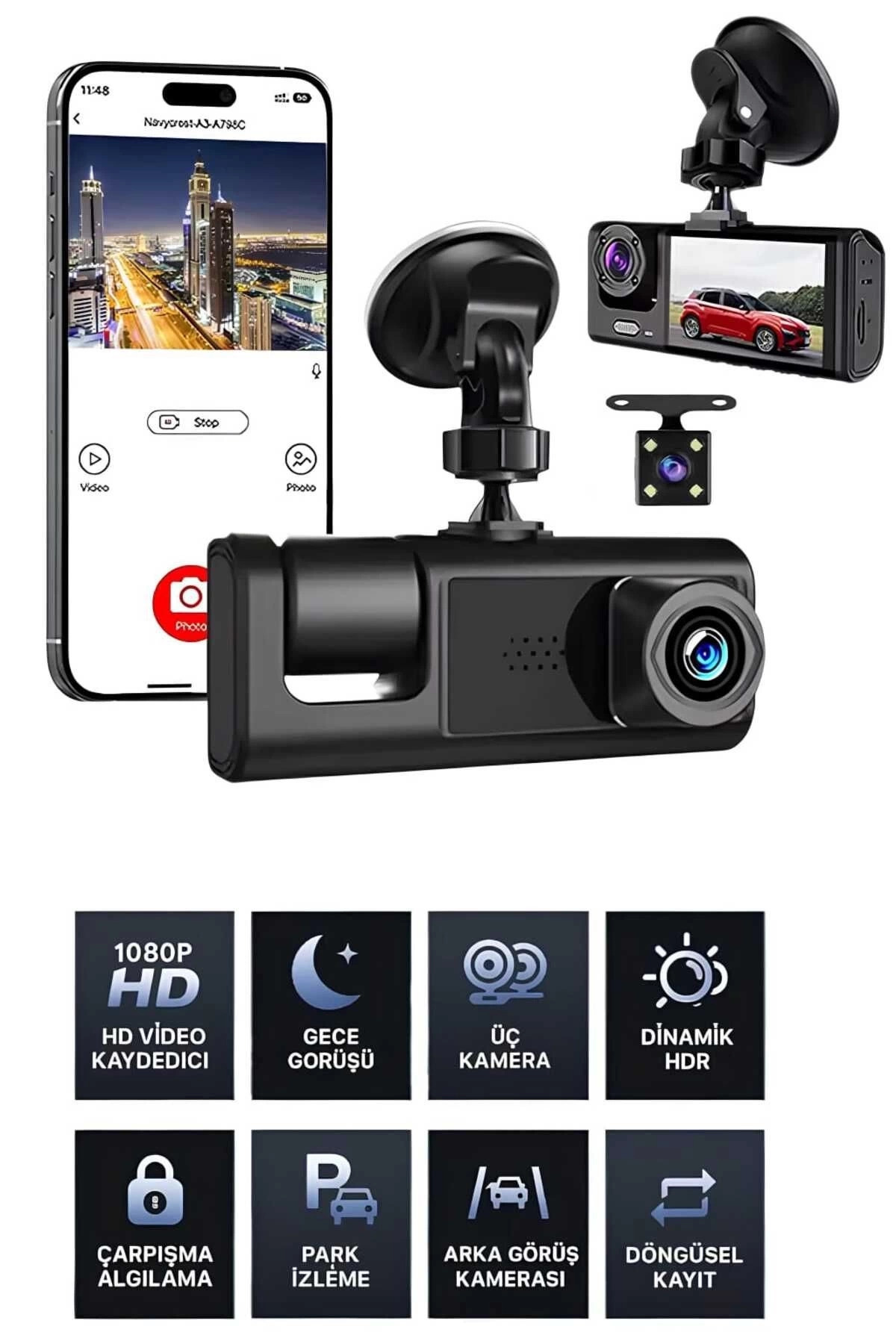 FrereConception BUĞZ 1080p Wifi Full Hd Araç Içi Kamera Arka Ön Iç Kayıt 3 Kamera Gece Görüşlü Gsensör Geniş Açı