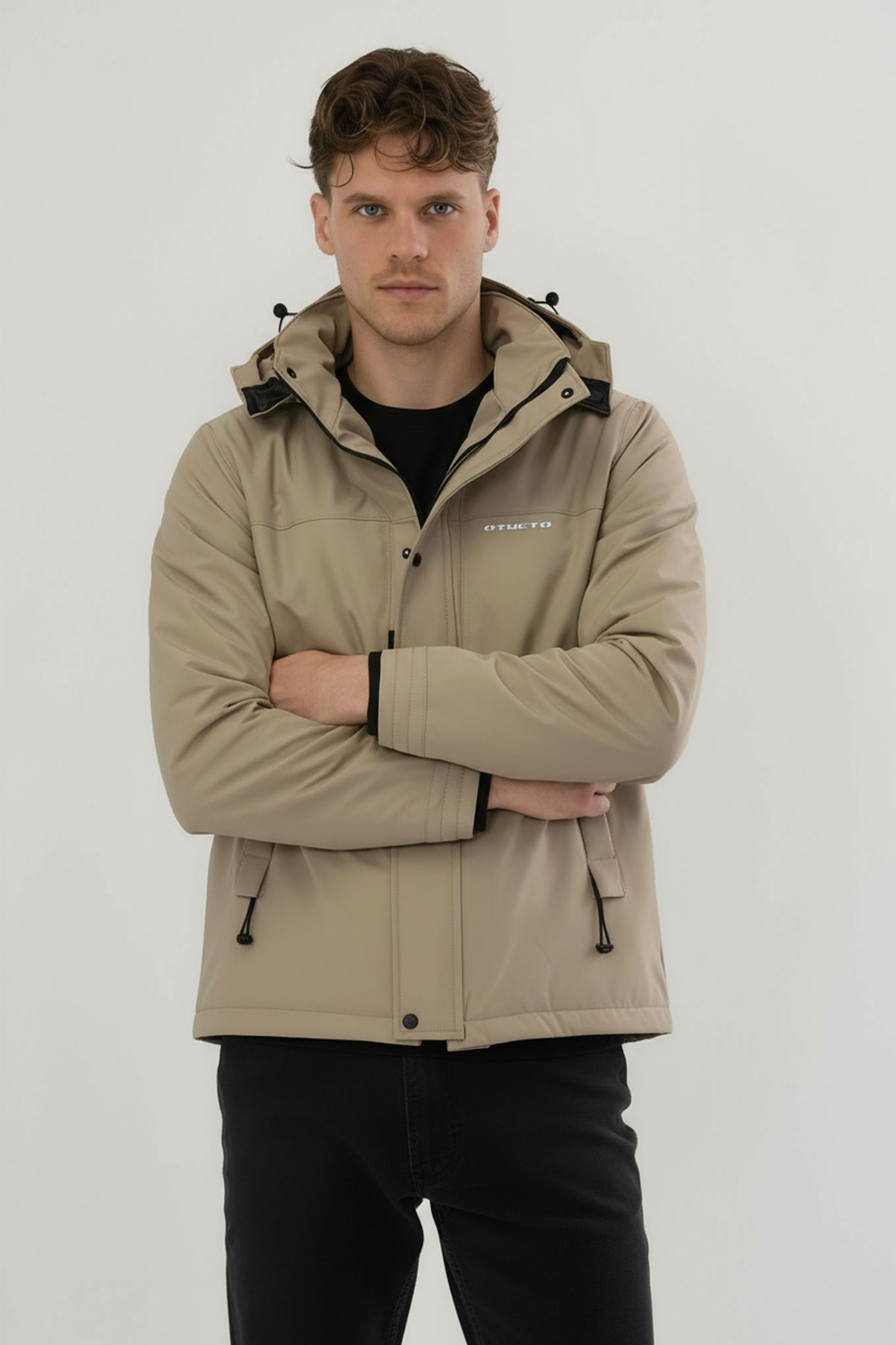 Erkek Krem Su ve Rüzgar Geçirmez Çıkartılabilir Kapüşonlu Softshell Mont & Kaban