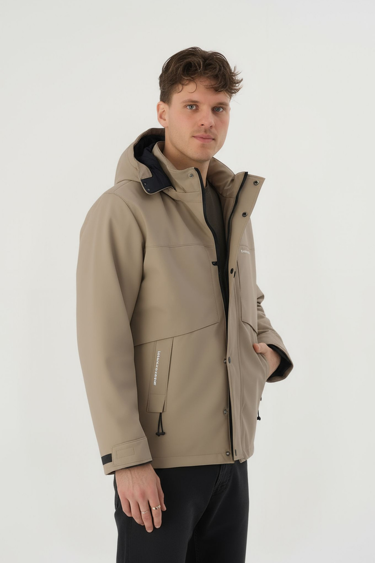 Erkek Krem Su ve Rüzgar Geçirmez Çıkartılabilir Kapüşonlu Softshell Mont & Kaban görsel 4