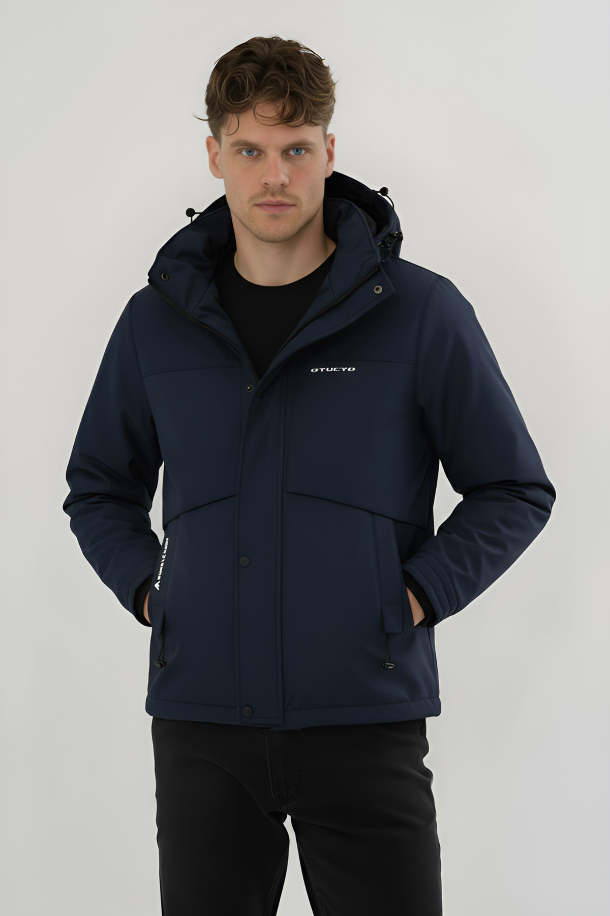 Erkek Krem Su ve Rüzgar Geçirmez Çıkartılabilir Kapüşonlu Softshell Mont & Kaban - Lacivert