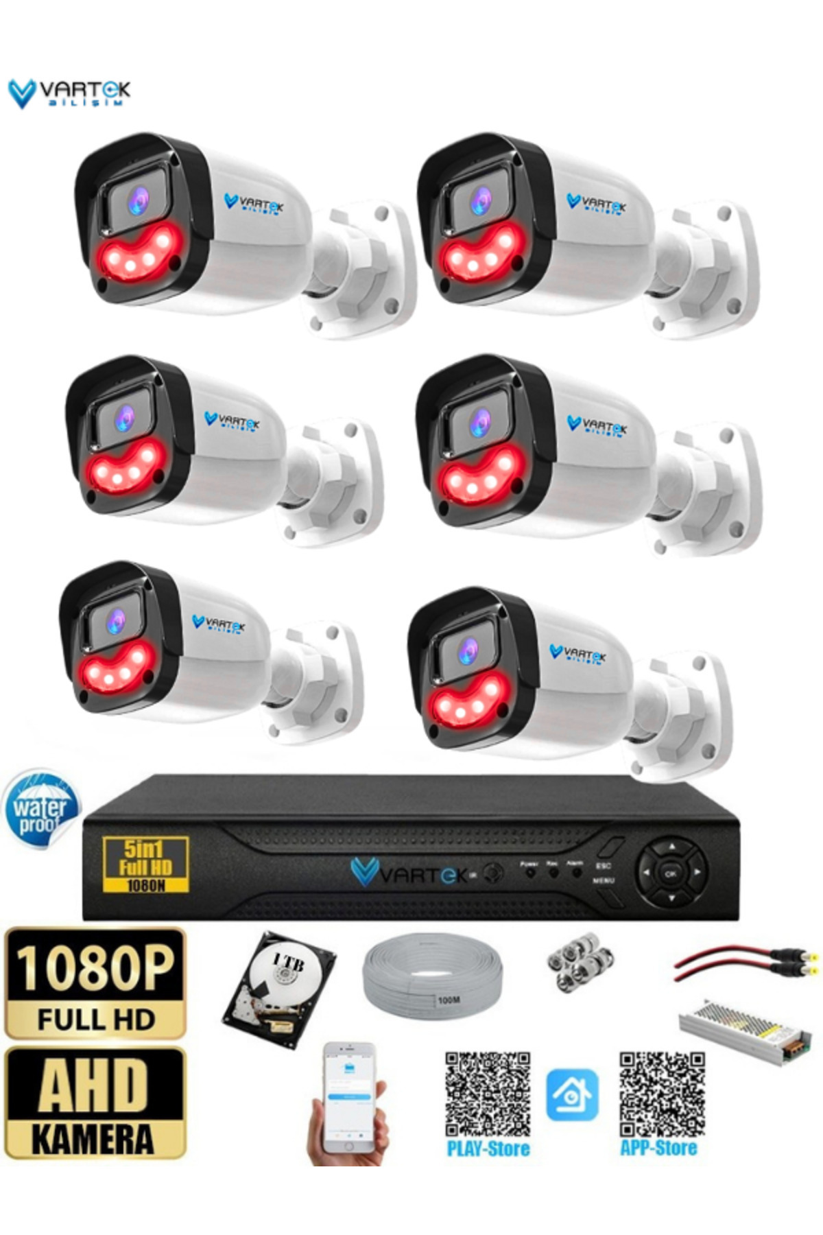 VARTEK BİLİŞİM 6`lı 5MP Full HD 1080P Atom ledli 1 TB HDD Güvenlik Kamera Seti Gece Görüşlü İp gerektirmez