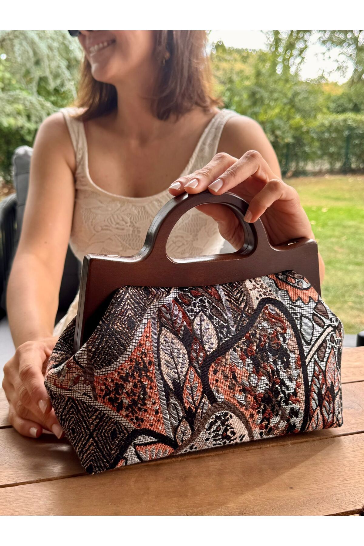 JOPHIEL Penalope Collection - Zincirli, Ahşap Burslu Kumaş Çanta, Clutch, El Çantası, Çanta