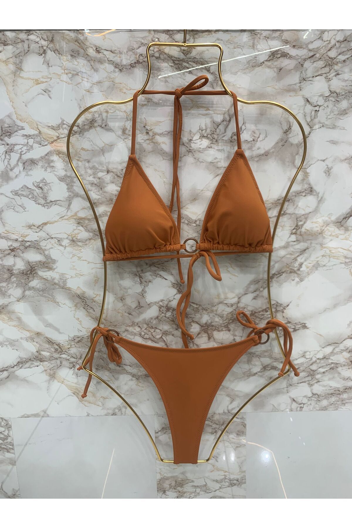 VAJESTO Kadın Halka Detay String Yandan Ve Boyundan Bağlamalı Şık İpli Tanga Likralı Bikini Takım