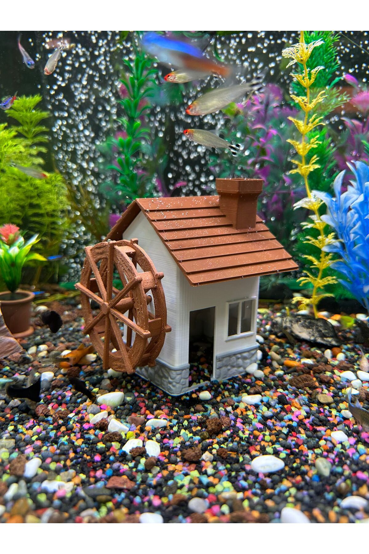 MUYU CRAFT Akvaryum Su Değirmeni Ev Dekoru – Hava Motoru ile Dönen Çark ve Kabarcık Efekti