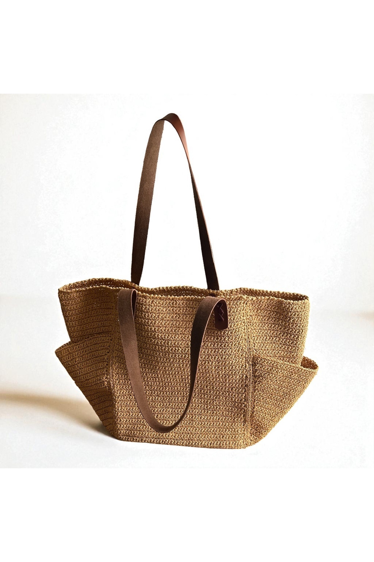 Handmade Paper String Bag |Hand Knitted Beach Bag – 50×33×12cm Caramel