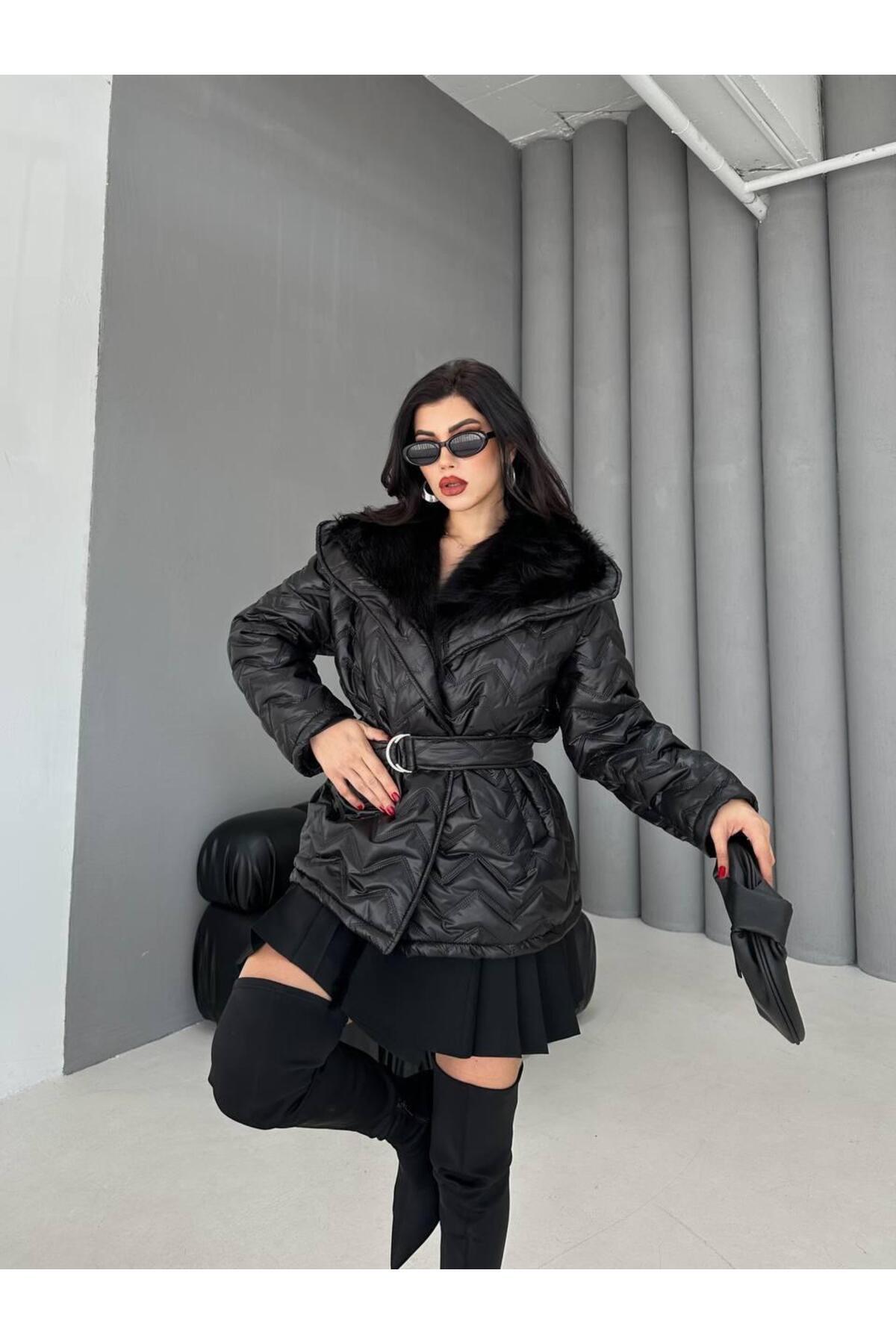 Ekim Store Kemerli Oversize İçi Kürk Şişme Mont görsel 4