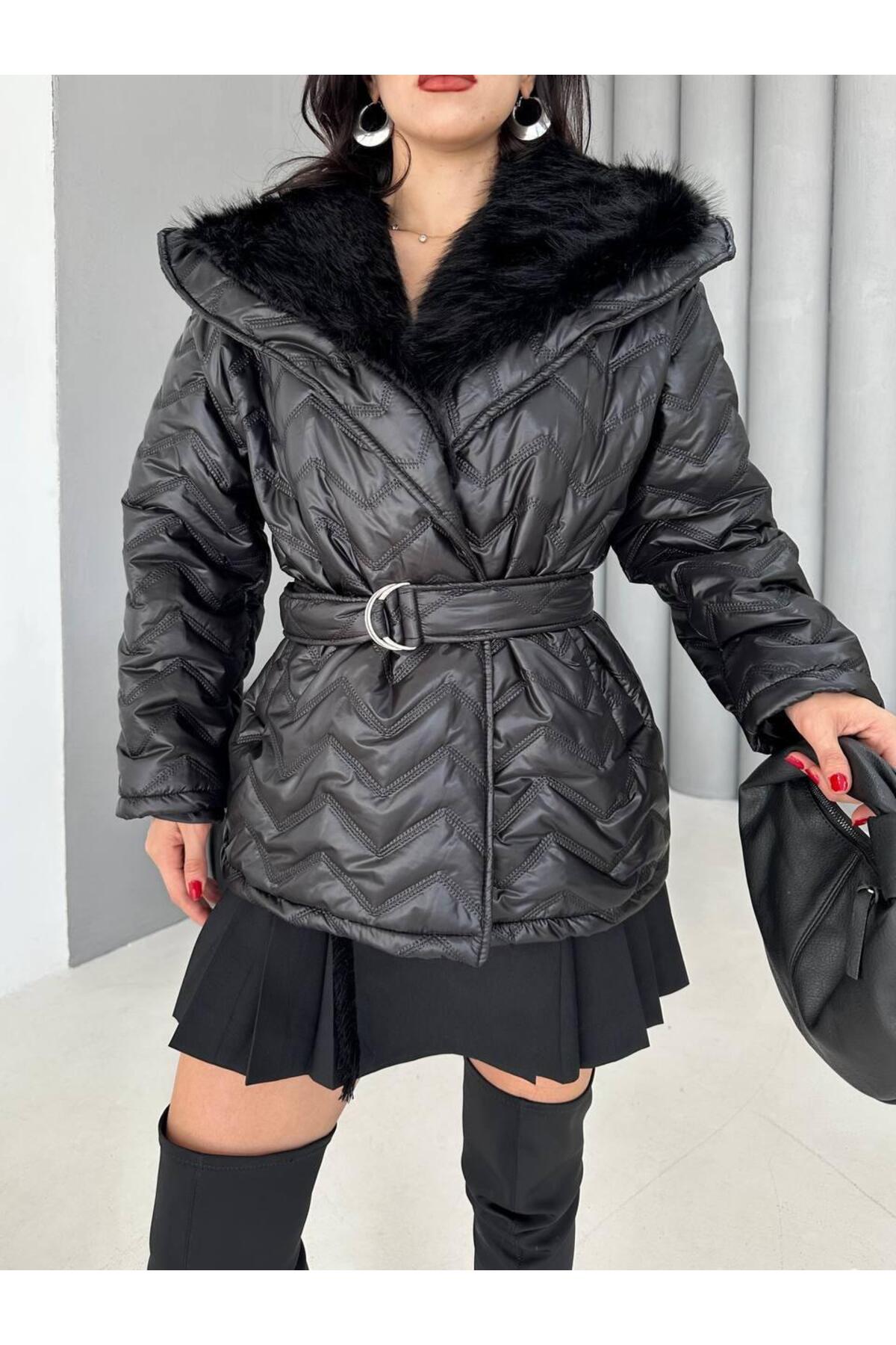 Ekim Store Kemerli Oversize İçi Kürk Şişme Mont görsel 3