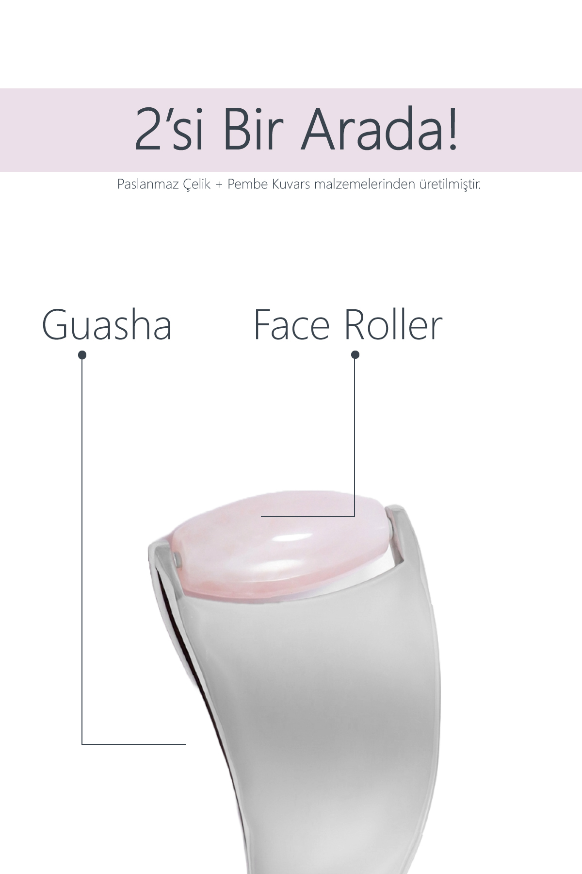 Pembe Kuvars Taşlı 2’si 1 Arada Face Roller ve Guasha Çift Fonksiyonlu Masaj Cilt Bakım Aleti — صورتی 9874565632156 — تصویر 2 از 2