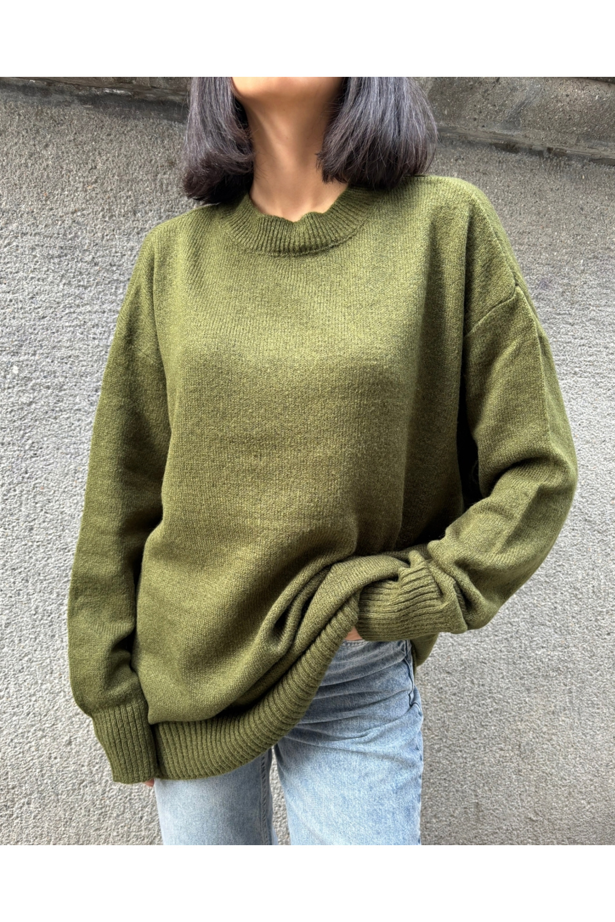 Kadın Haki Yeşili Bisiklet Yaka Oversize Salaş Triko kazak