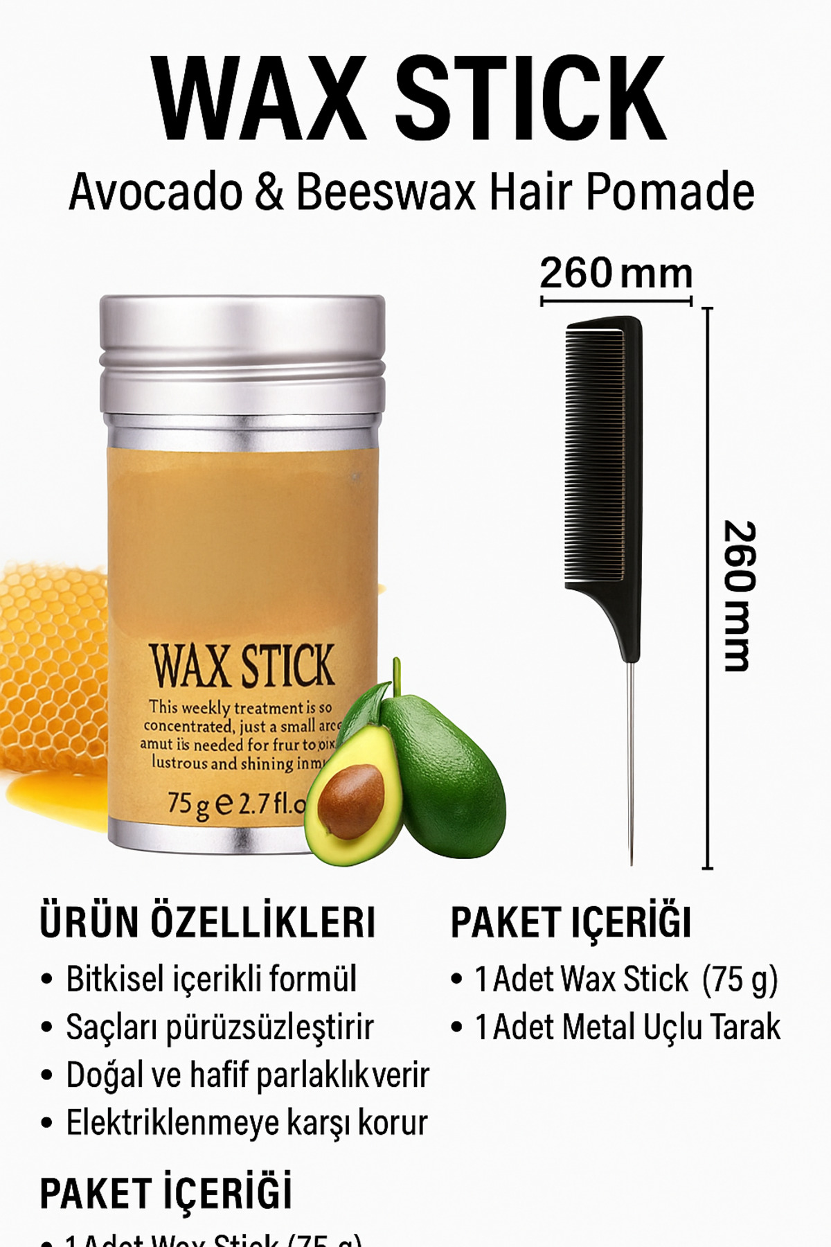 OVERAZ Hair Wax Stick 75gr - Saç Sabitleyici GÜÇLÜ TUTUŞ -METAL KRAPE TARAK — STİCKWAXKRAPETARAK — تصویر 2 از 6