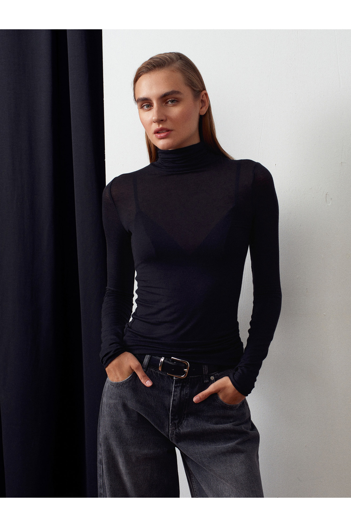 Dilvin 32277 Balıkçı Yaka Kaşmir Bluz-Siyah