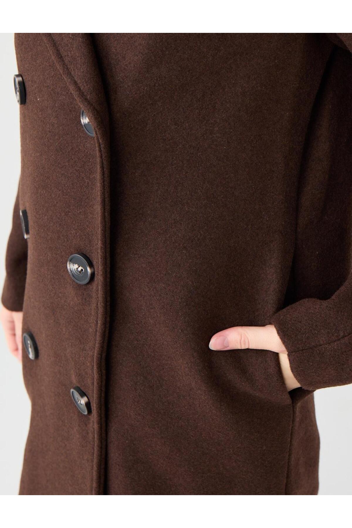 Jimmy Key  Acı Kahve Düz Kesim Ceket Yaka Cep Detaylı Kaşe Kaban - Görsel 5